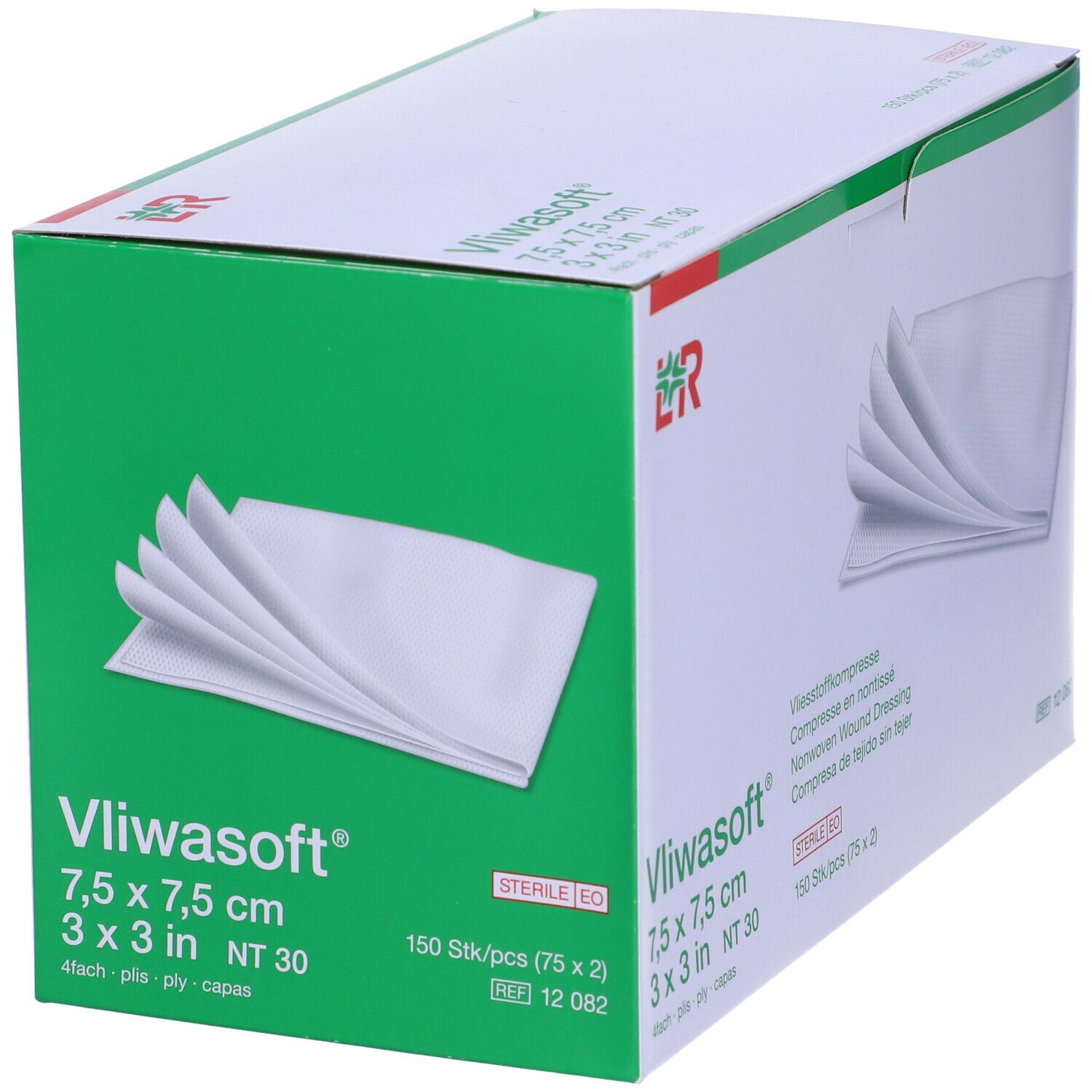 Confezione di compresse Vliwasoft 7,5 x 7,5 cm. Accenti verdi, nome, logo e informazioni.