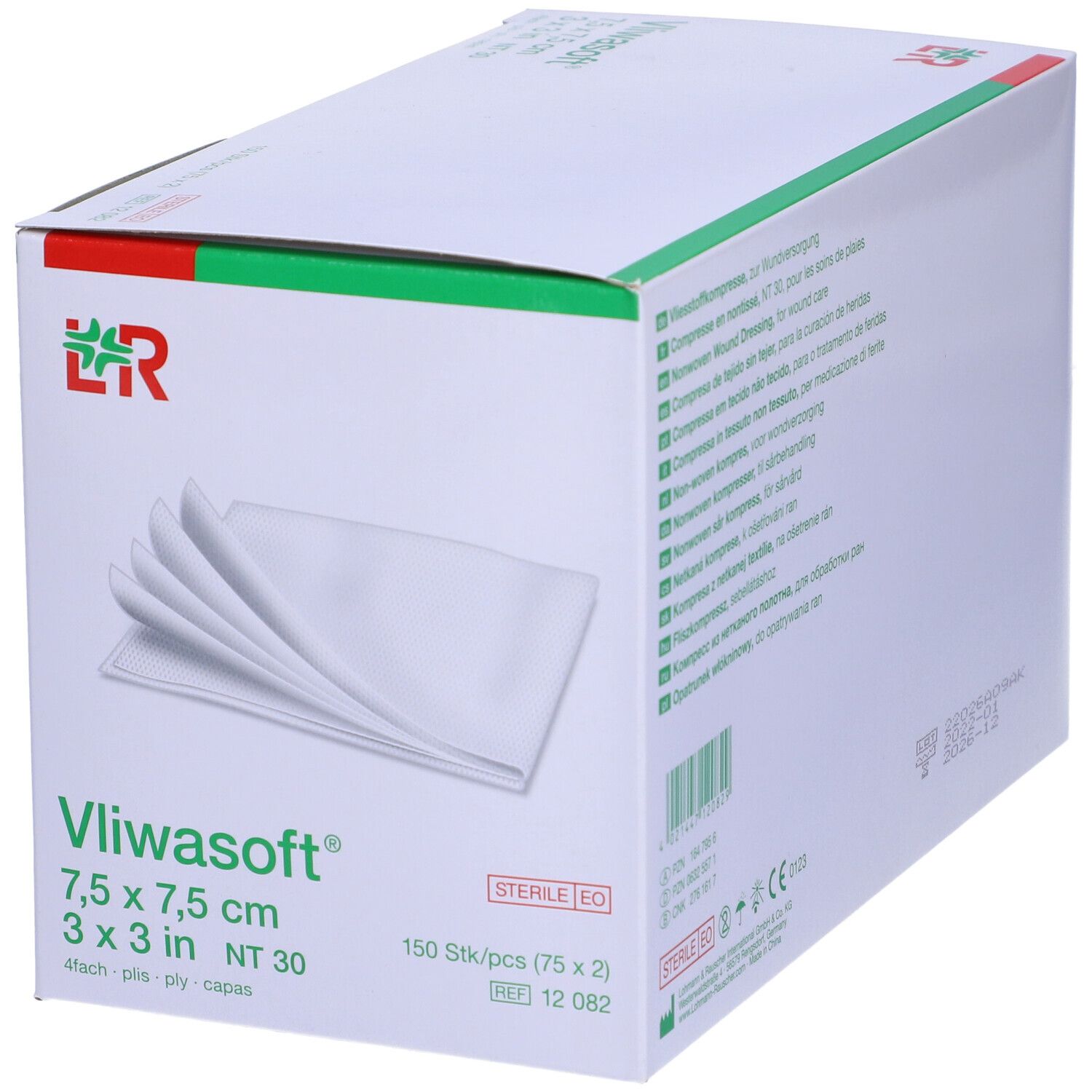 Confezione di compresse Vliwasoft 7,5 x 7,5 cm. Nome, logo e informazioni sulla confezione.