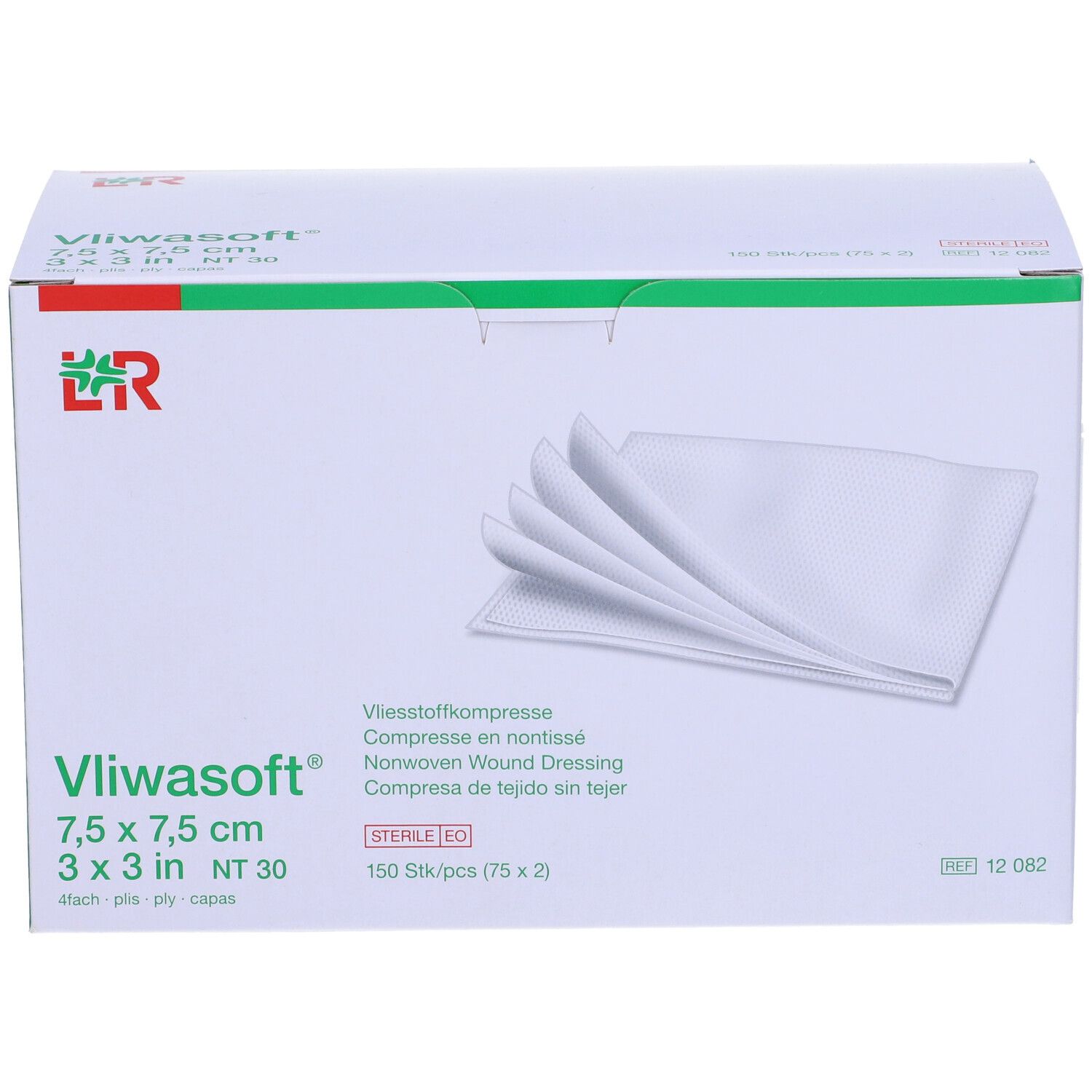 Confezione di compresse Vliwasoft 7,5 x 7,5 cm. Nome, logo e informazioni sulla confezione.