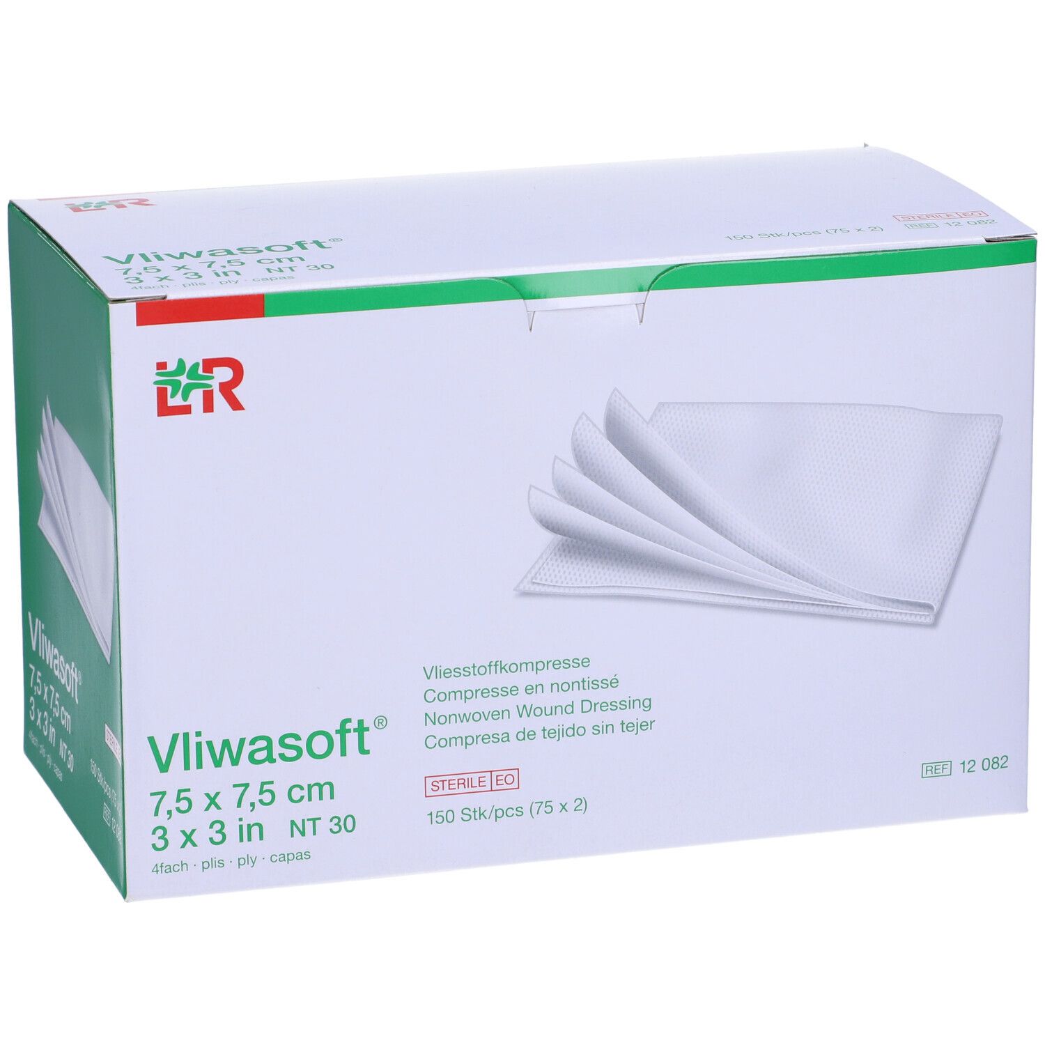 Confezione di compresse Vliwasoft 7,5 x 7,5 cm. Nome, logo e informazioni sulla confezione.