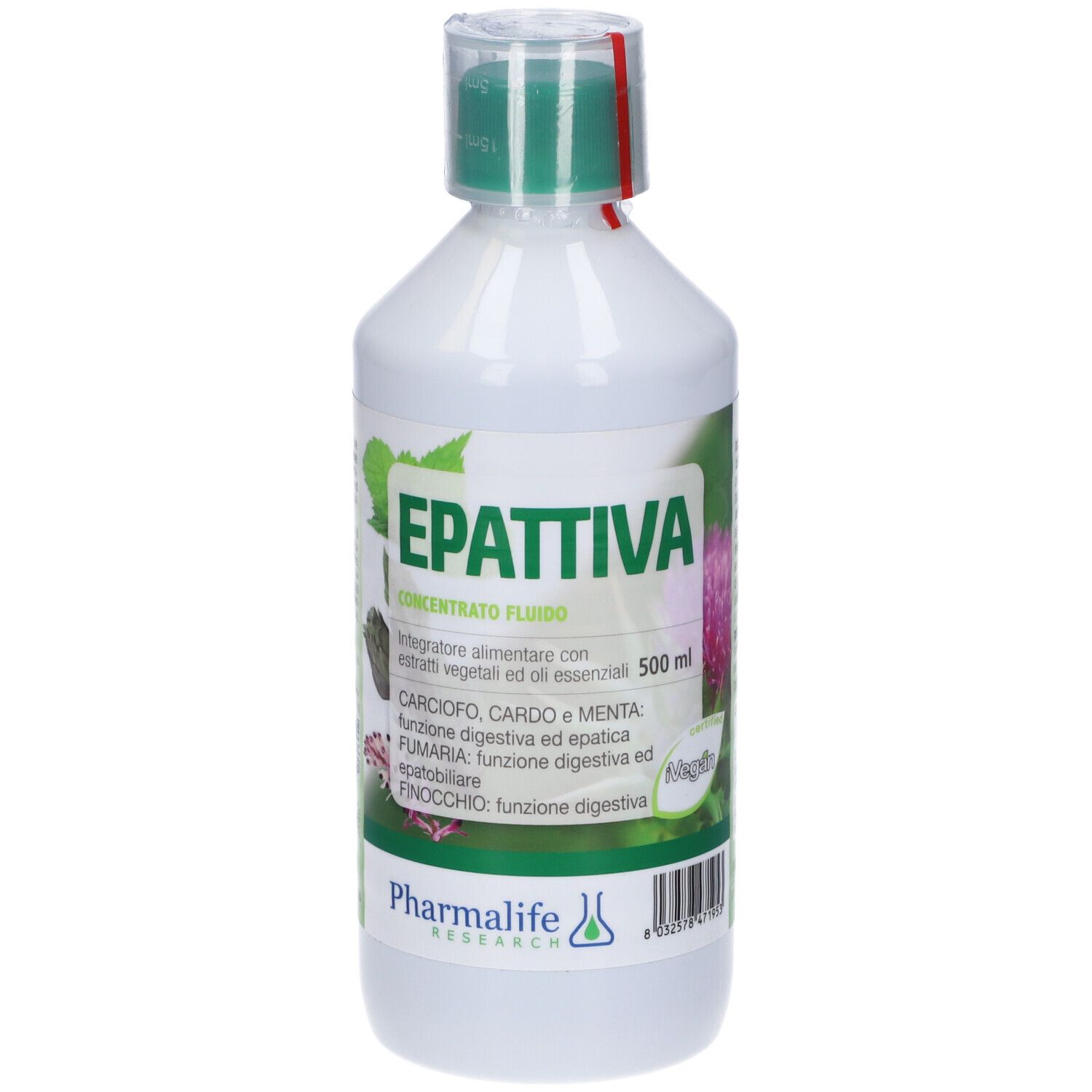 Bottiglia bianca e verde con tappo verde. Scritta: Epattiva Concentrato Fluido, 500 ml. Marchio: Pharmalife. Informazioni sul prodotto.