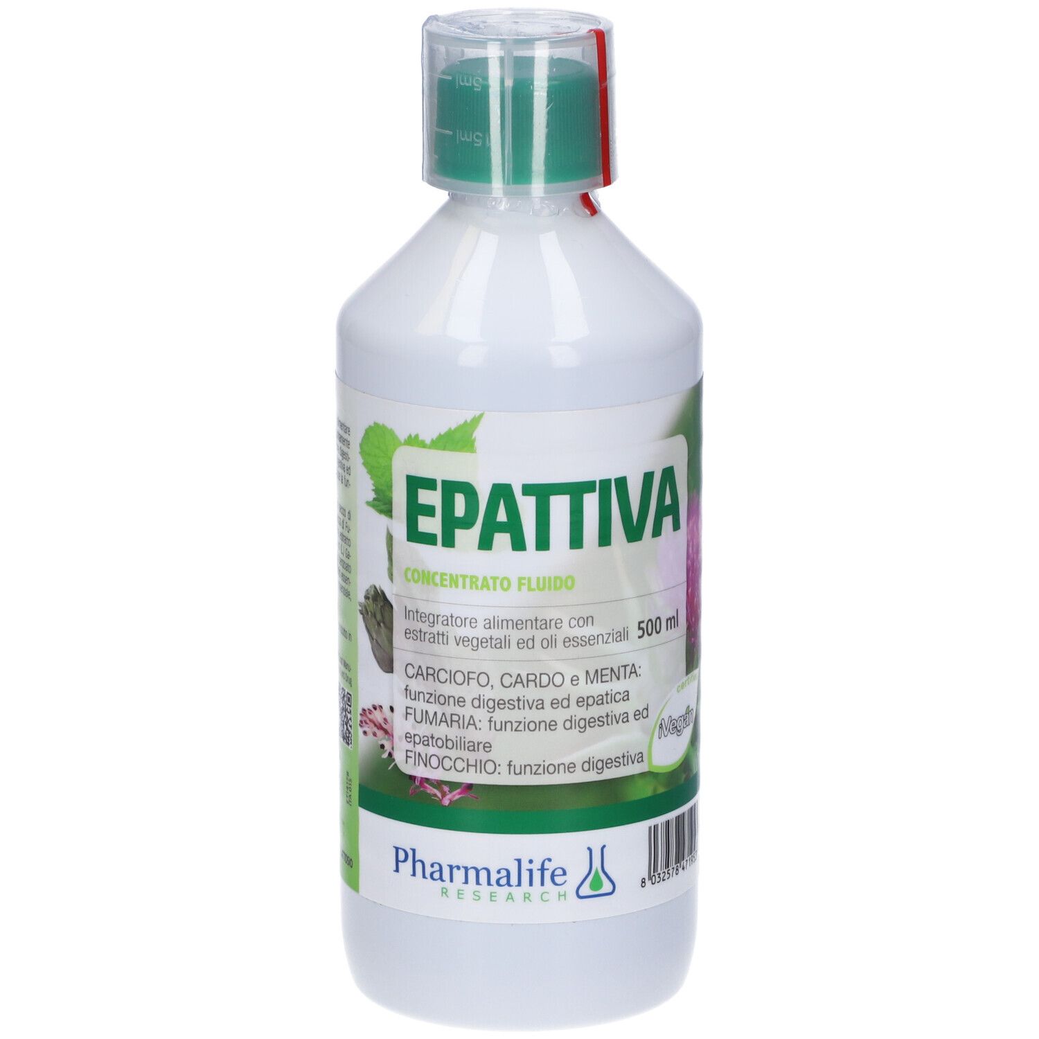 Bottiglia bianca e verde con tappo verde. Scritta: Epattiva Concentrato Fluido, 500 ml. Marchio: Pharmalife. Informazioni sul prodotto.