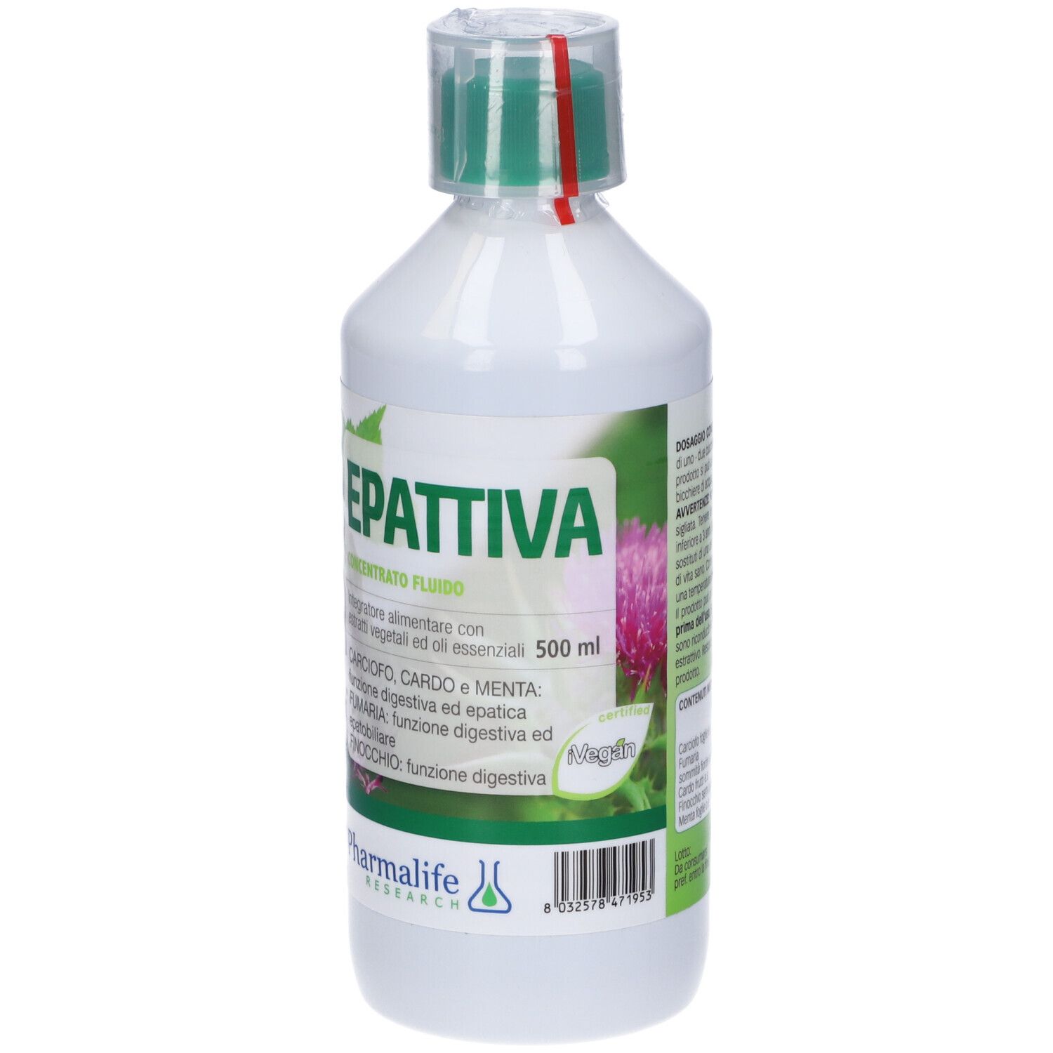 Bottiglia bianca e verde con tappo verde. Scritta: Epattiva Concentrato Fluido, 500 ml. Marchio: Pharmalife. Informazioni sul prodotto.