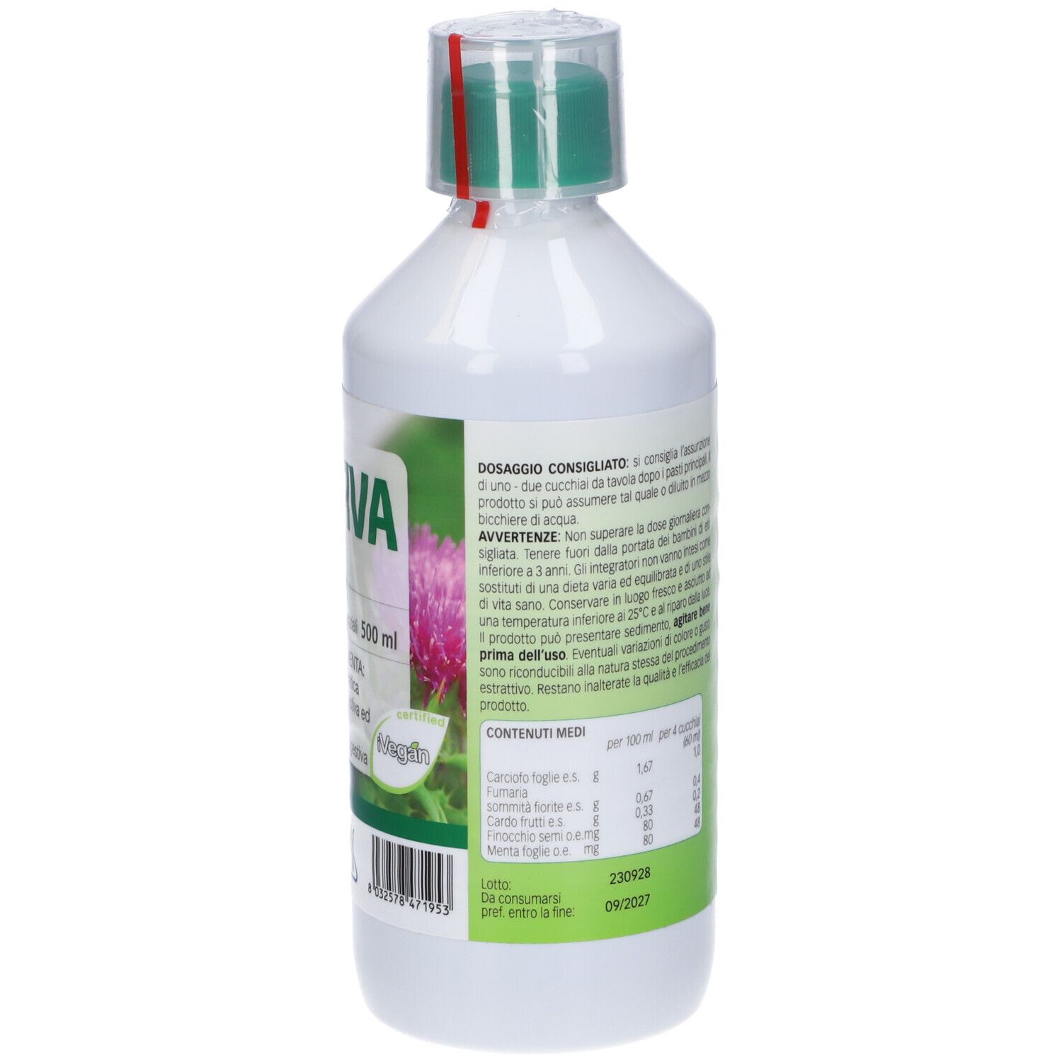 Bottiglia bianca e verde con tappo verde. Scritta: Epattiva Concentrato Fluido, 500 ml. Marchio: Pharmalife. Informazioni sul prodotto.
