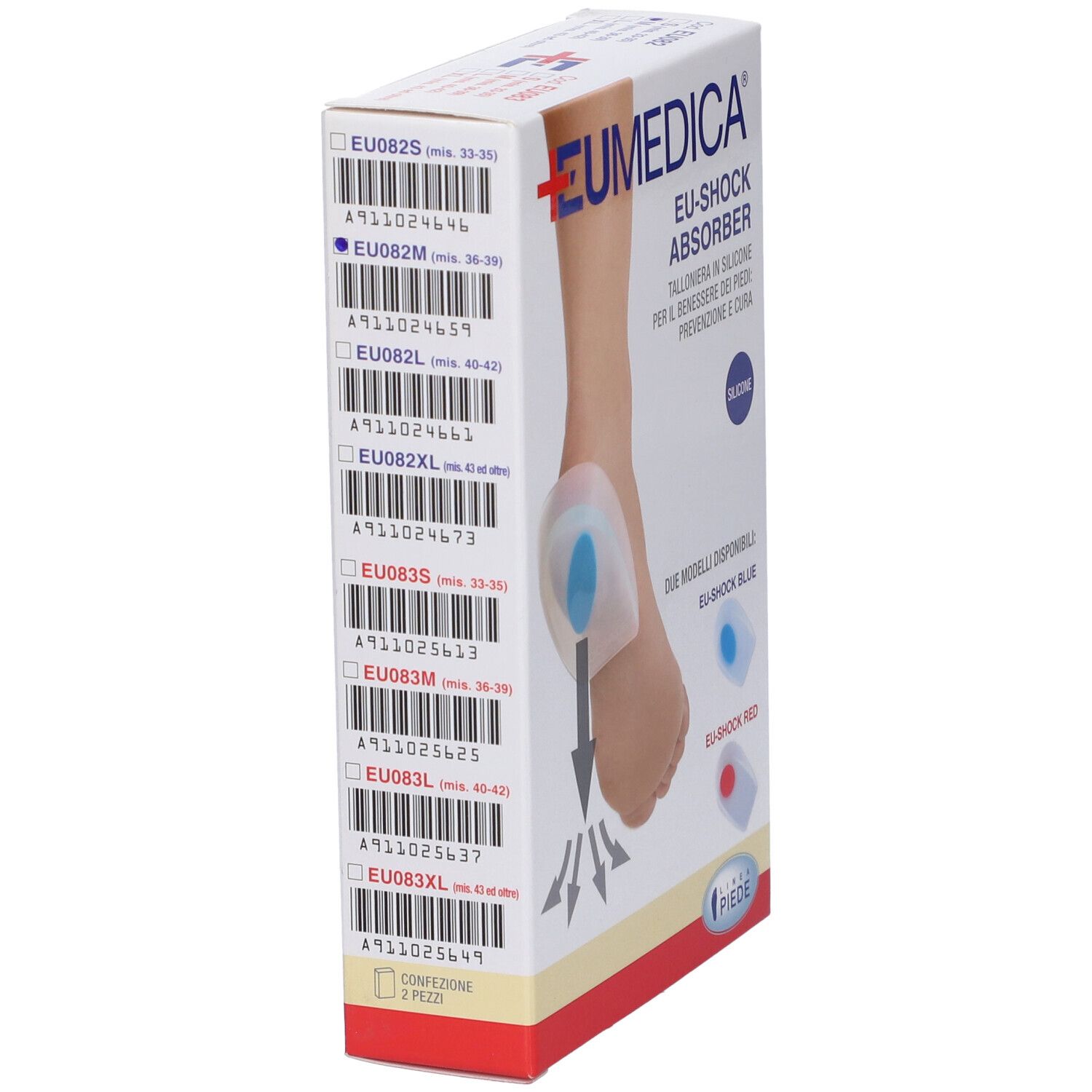 Confezione EU-Shock Absorber. Codici a barre e taglie. Marchio: EUMEDICA. EU-Shock Absorber con inserto blu.