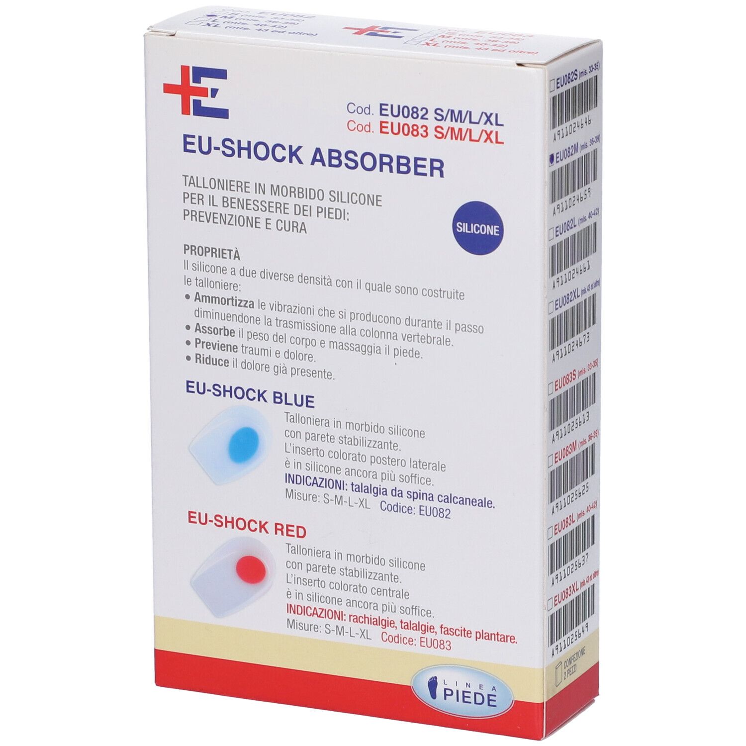 Confezione EU-Shock Absorber. Descrizione e caratteristiche del prodotto. Marchio: EUMEDICA. EU-Shock Absorber con inserto blu.