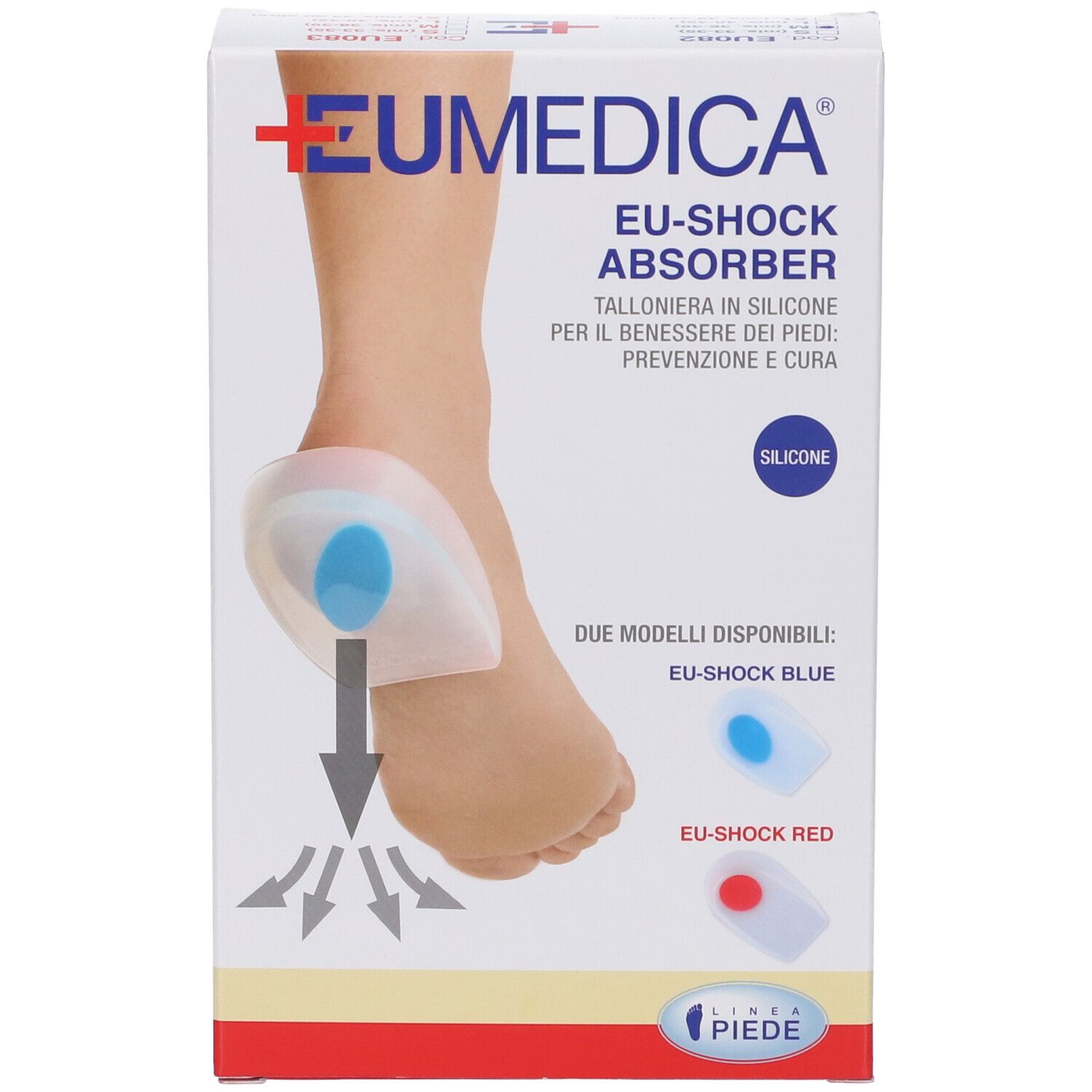 Confezione EU-Shock Absorber. Modello di piede con talloniera in silicone blu. Marchio: EUMEDICA.