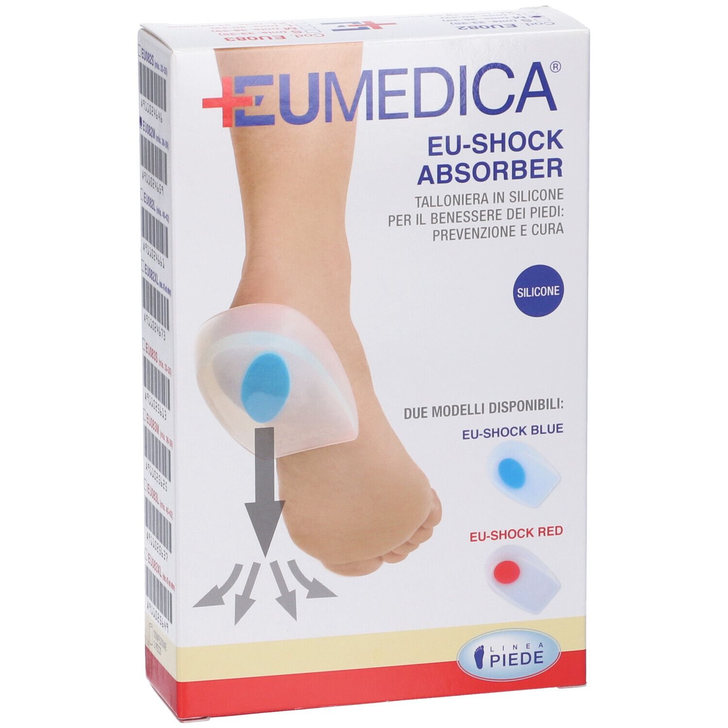 Confezione EU-Shock Absorber. Modello di piede con talloniera in silicone blu. Marchio: EUMEDICA.
