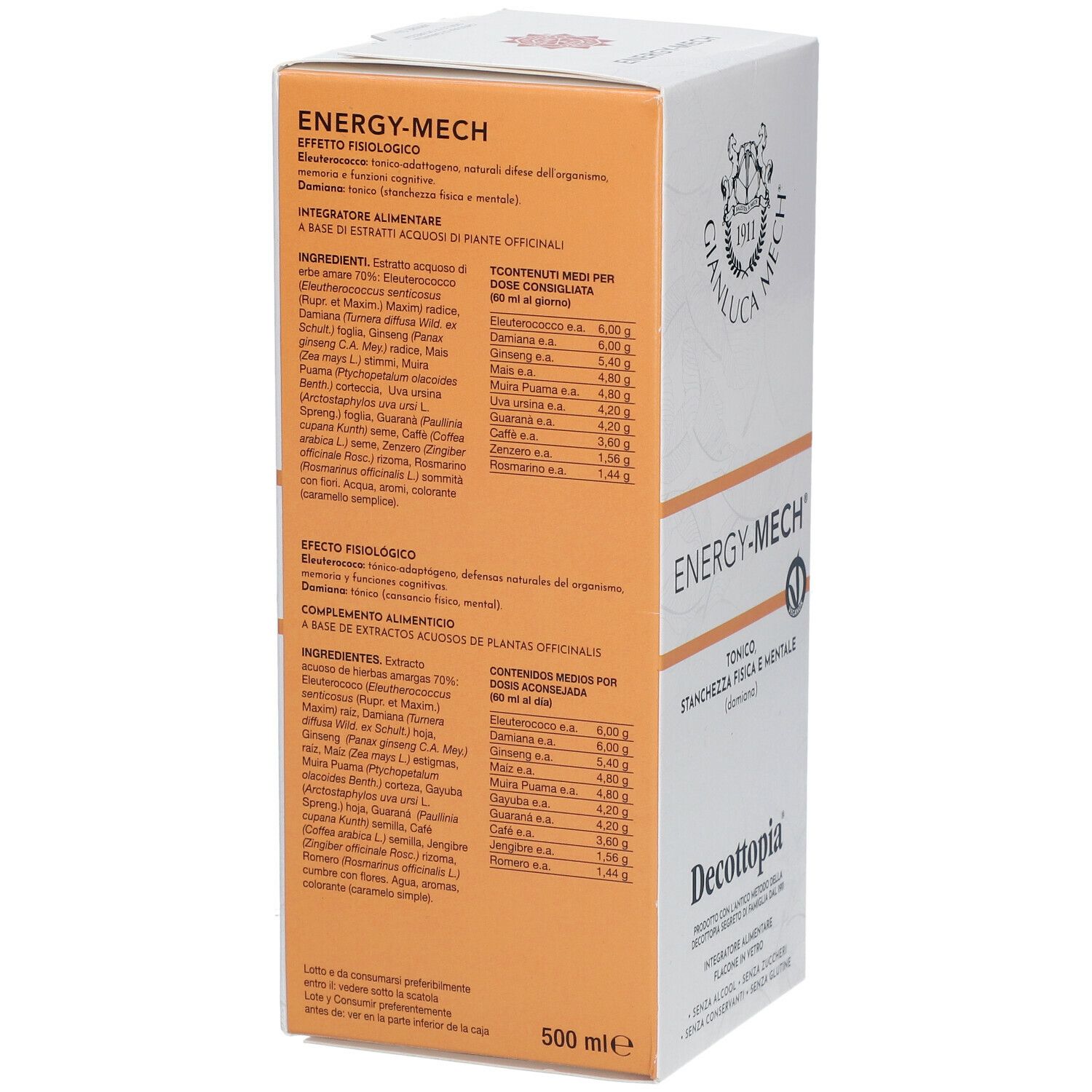 Retro della confezione bianca del prodotto. Testo in italiano. Elenco ingredienti e informazioni nutrizionali. 500 ml.