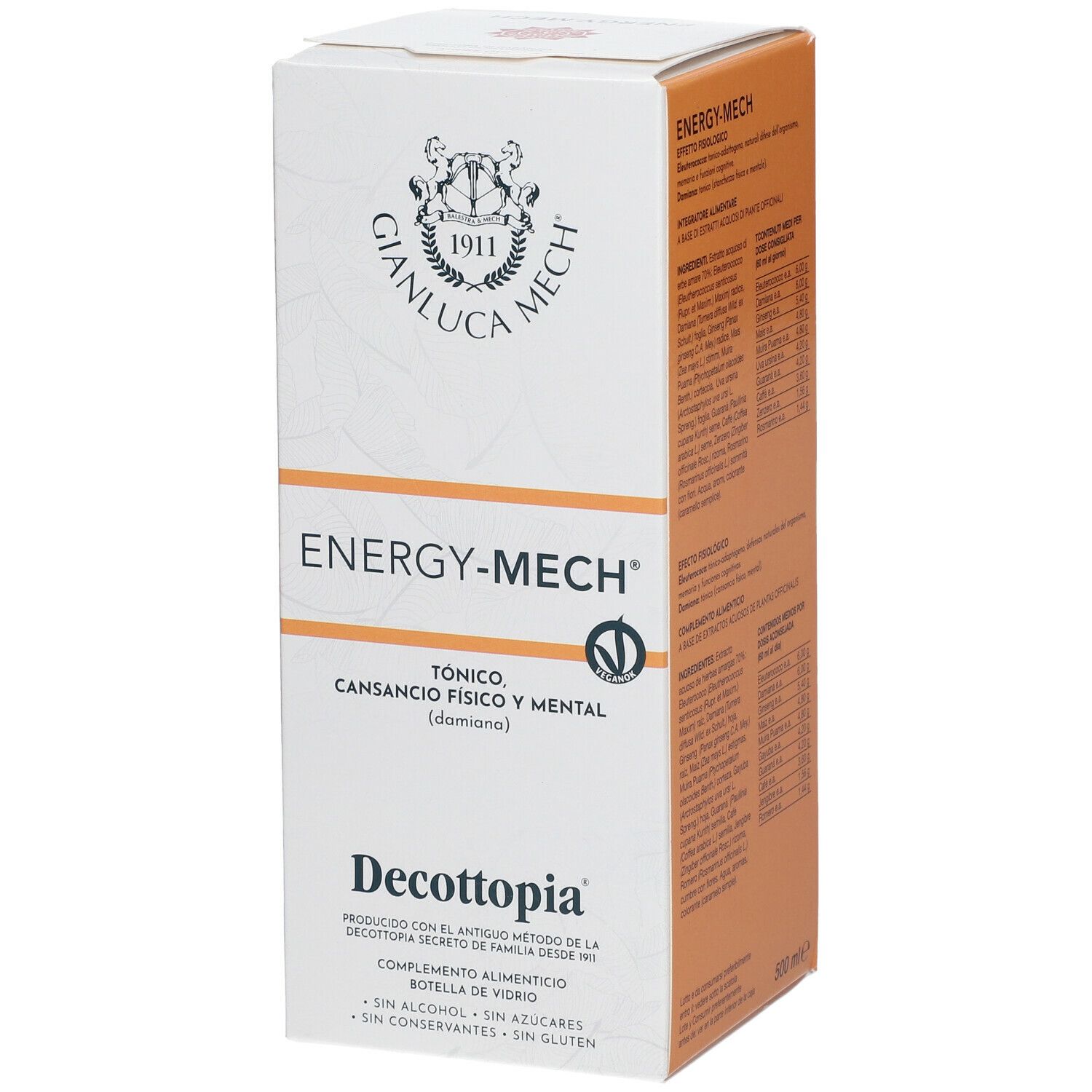 Scatola bianca con nome prodotto ENERGY-MECH e logo. Testo in italiano. Scritte: Decottopia, senza alcool, zuccheri e glutine.