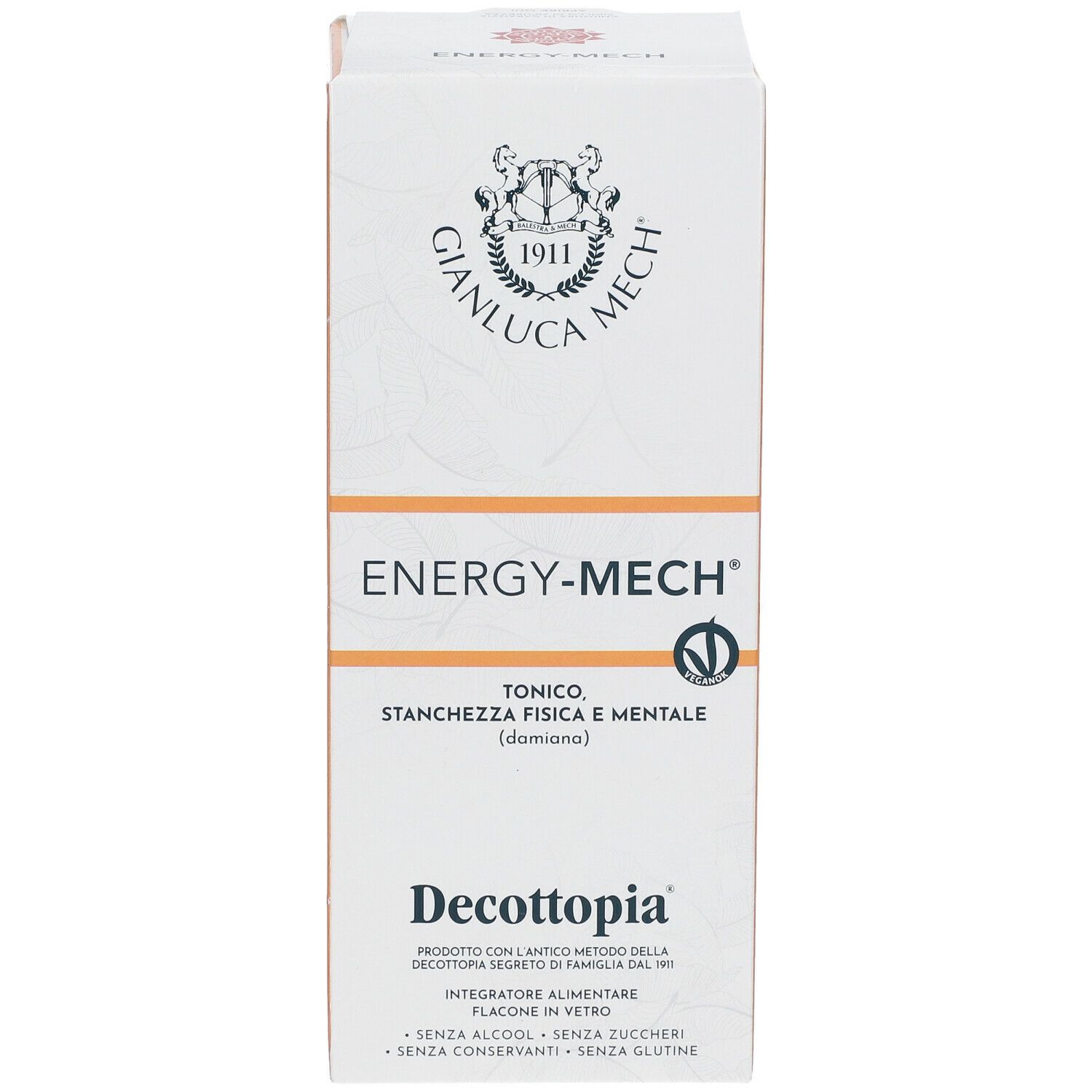 Scatola bianca con nome prodotto ENERGY-MECH e logo. Testo in italiano. Scritte: Decottopia, senza alcool, zuccheri e glutine.