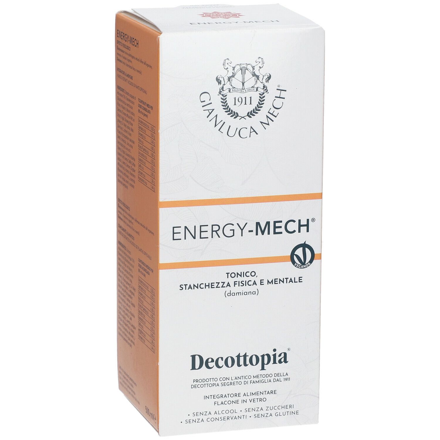Scatola bianca con nome prodotto ENERGY-MECH e logo. Testo in italiano. Scritte: Decottopia, senza alcool, zuccheri e glutine.