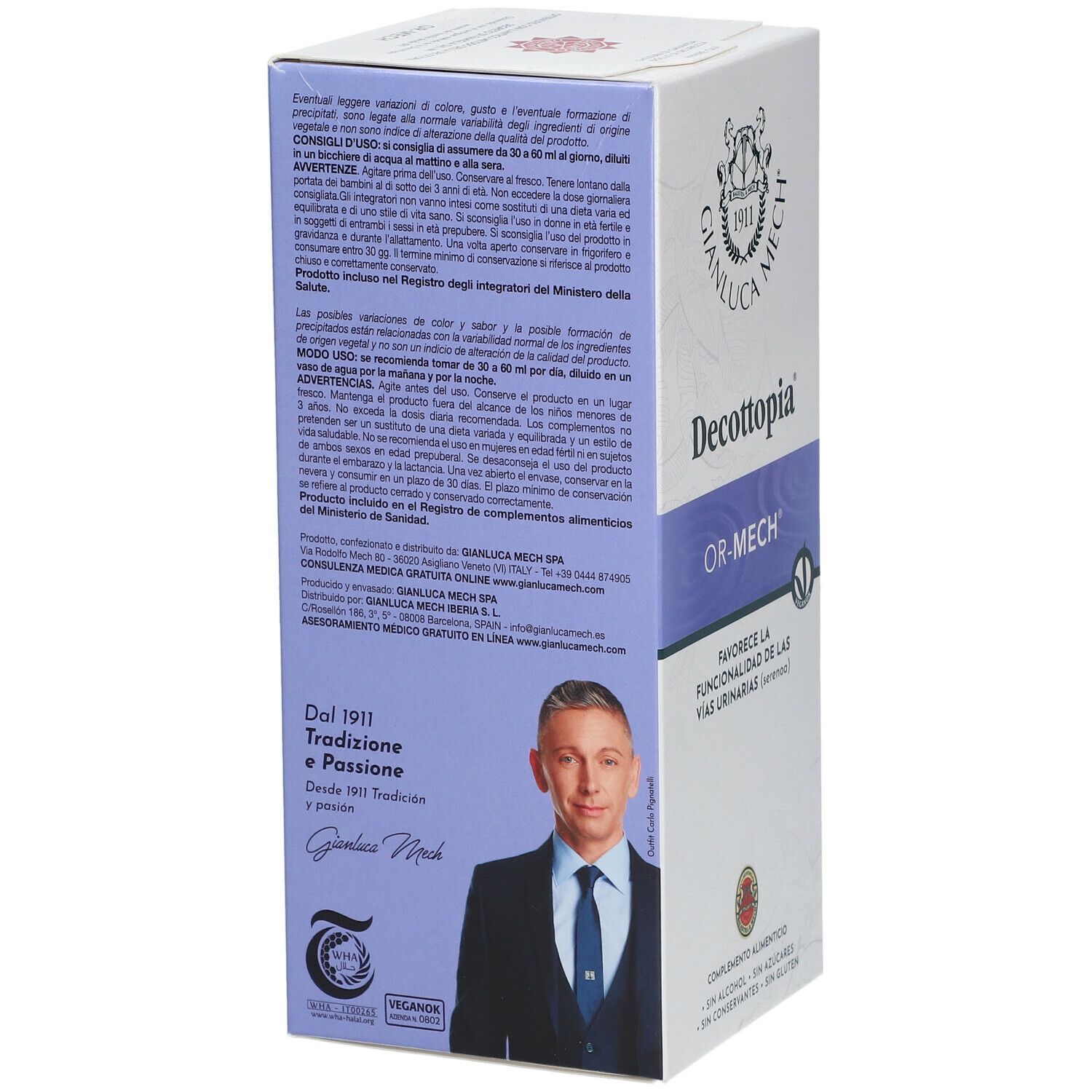 Confezione prodotto con testo e logo GIANLUCA MECH, Decottopia OR-MECH. Retro con testo, ritratto, sigilli.
