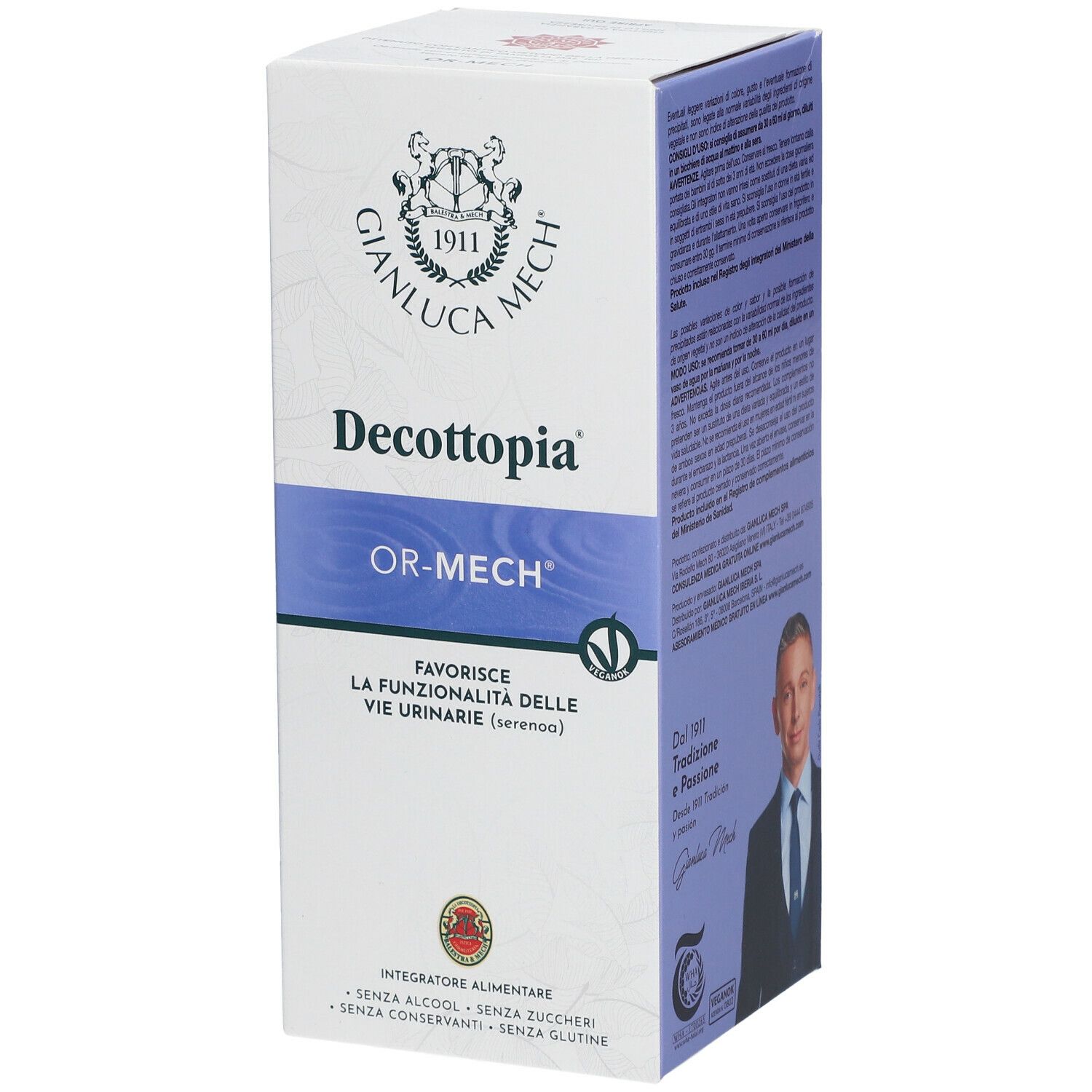 Confezione prodotto, Decottopia OR-MECH, logo GIANLUCA MECH, testo italiano, sigilli, ritratto.