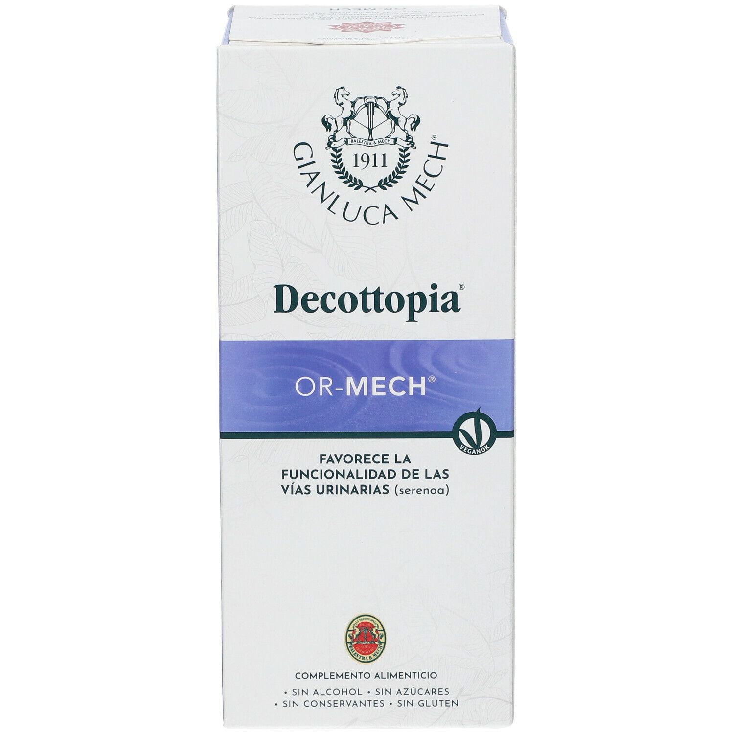 Confezione prodotto, Decottopia OR-MECH, logo GIANLUCA MECH, testo italiano, sigilli.