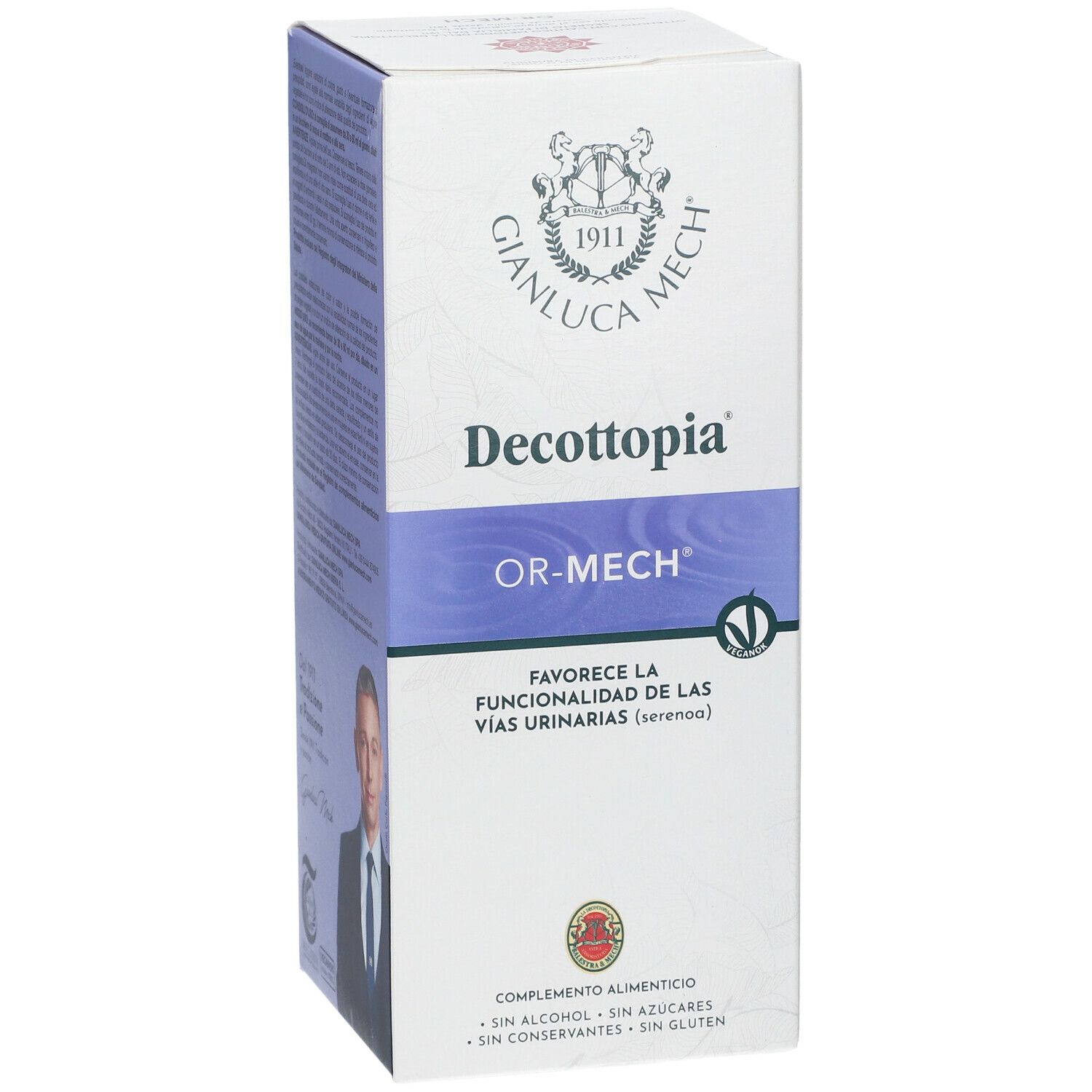 Confezione prodotto, Decottopia OR-MECH, logo GIANLUCA MECH, testo italiano, sigilli, ritratto.