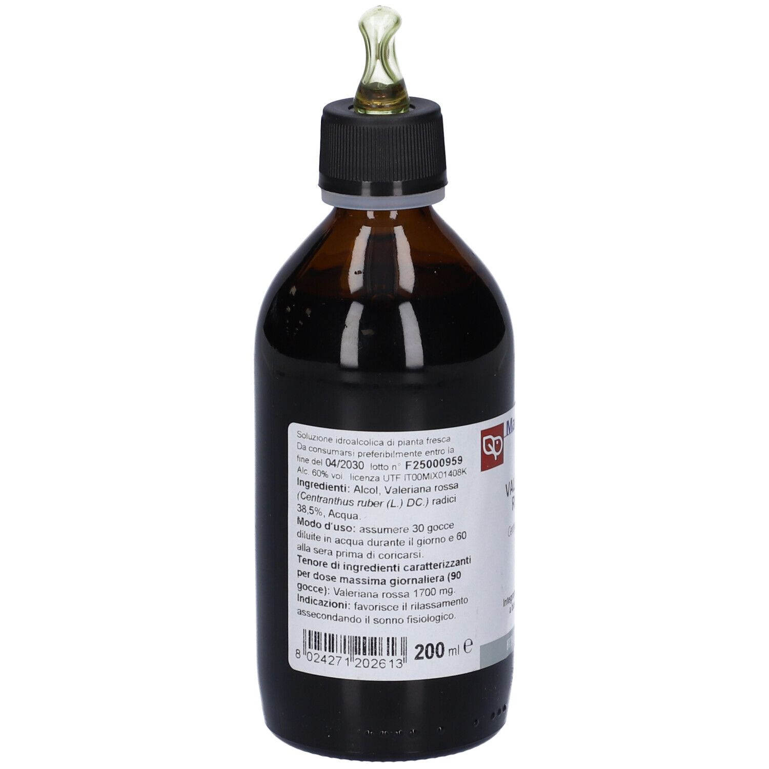 Flacone di vetro marrone con tappo nero e contagocce. Vista posteriore con etichetta. Nome prodotto: Valeriana Rossa. 200 ml.