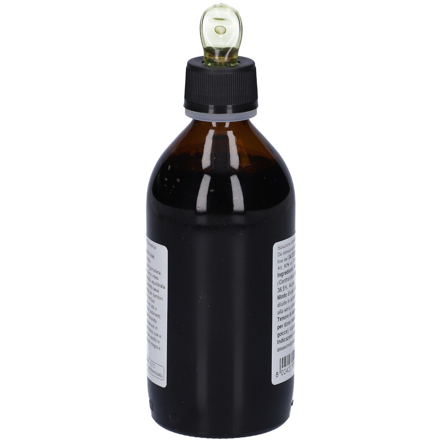 Flacone di vetro marrone con tappo nero e contagocce. Etichetta con informazioni sul prodotto. Nome prodotto: Valeriana Rossa.