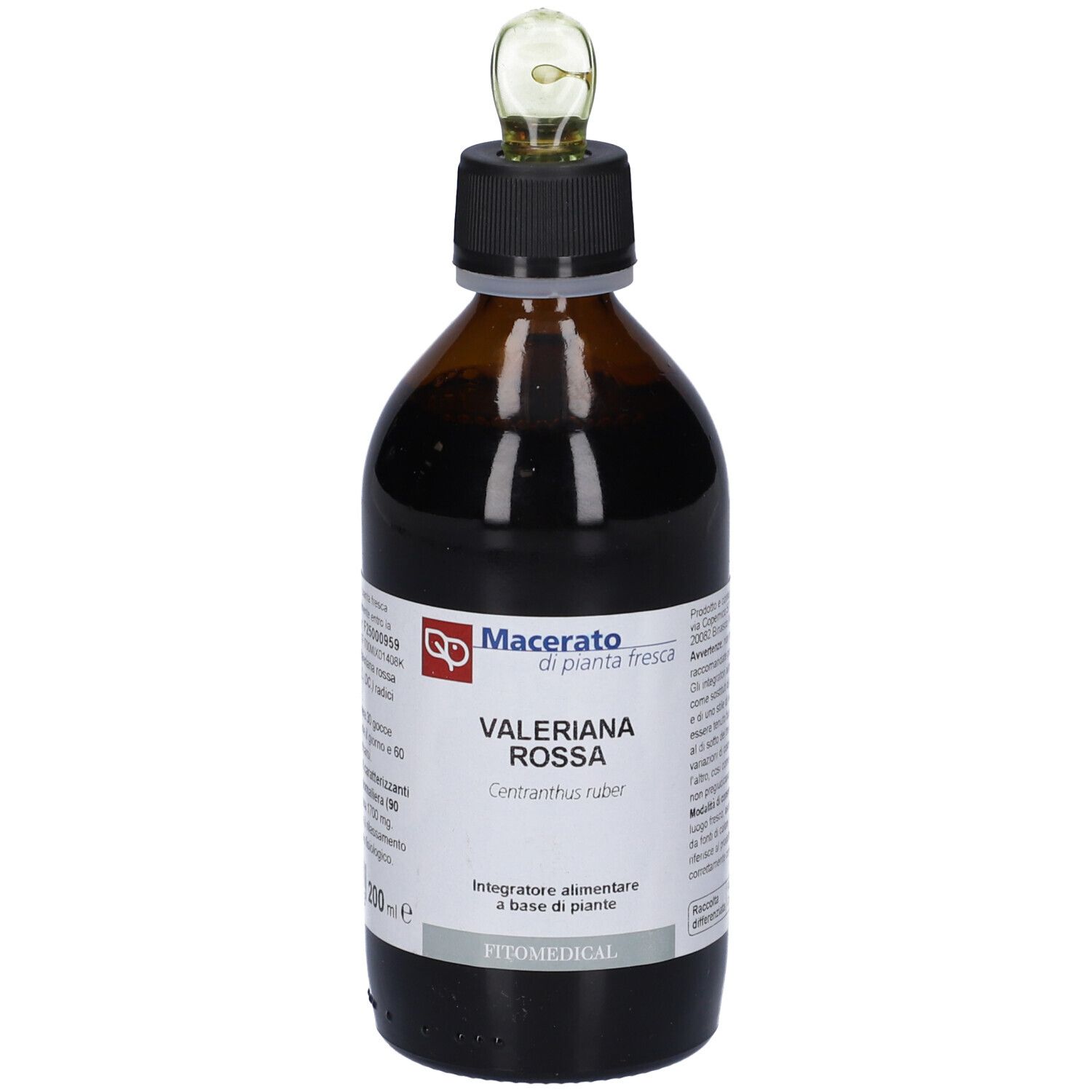 Flacone di vetro marrone con tappo nero e contagocce. Etichetta con informazioni sul prodotto. Nome prodotto: Valeriana Rossa.