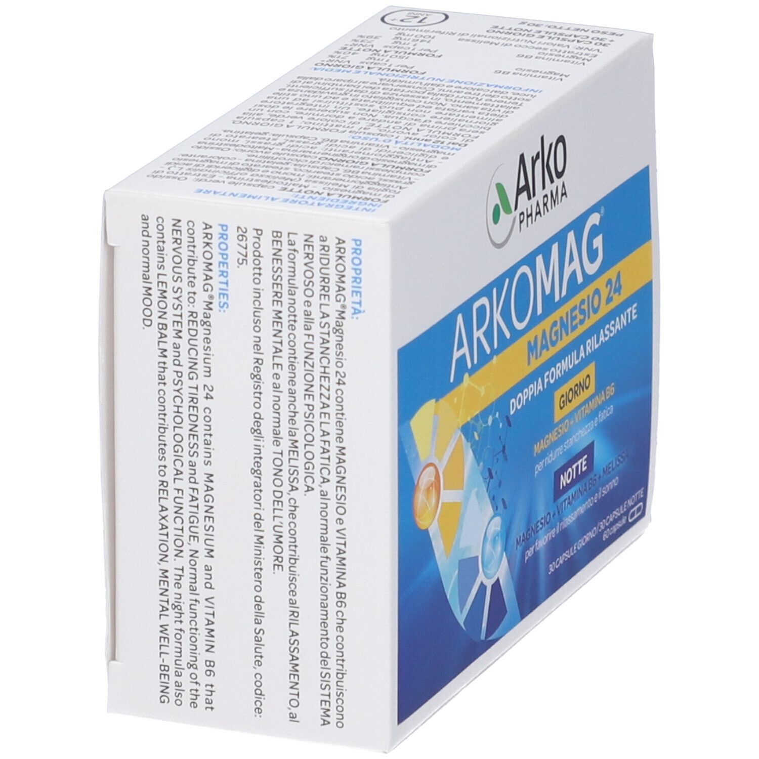 Scatola 'Arkomag Magnesium 24'. Grafica blu e gialla. Testo in italiano. Vista dall'alto.