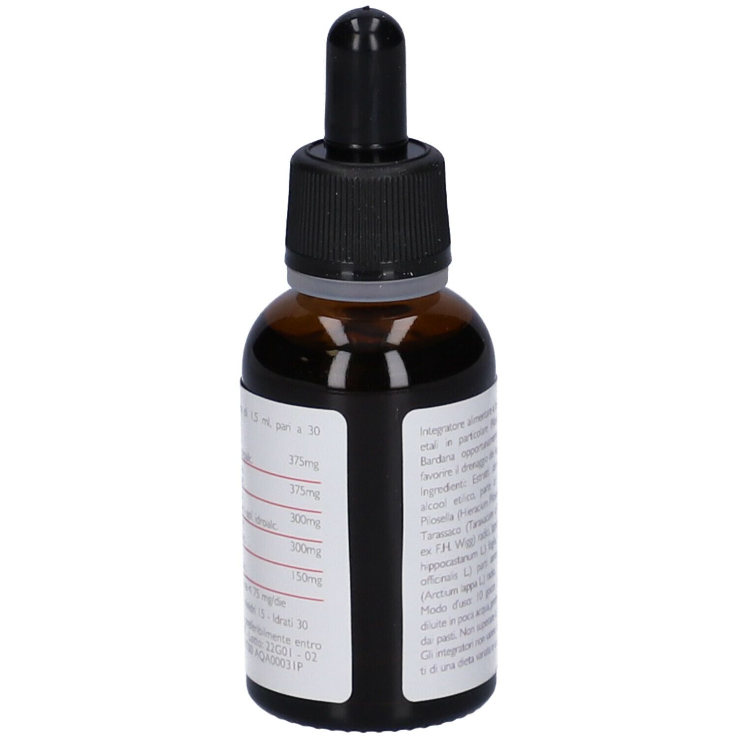 Flacone di vetro marrone con contagocce nero. Scritta: depur.mu. Etichetta con ingredienti e dosaggio.