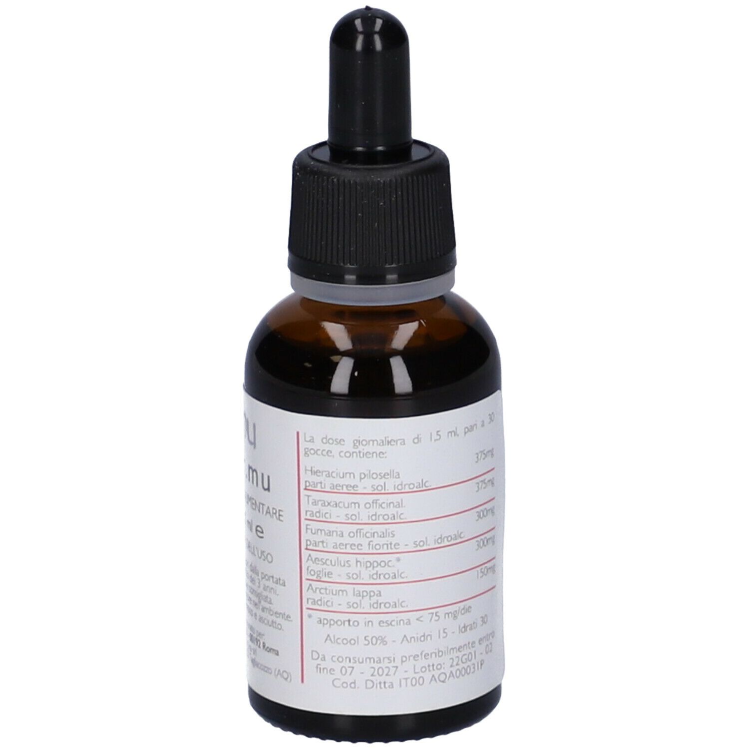 Flacone di vetro marrone con contagocce nero. Scritta: depur.mu. Etichetta con ingredienti e dosaggio.