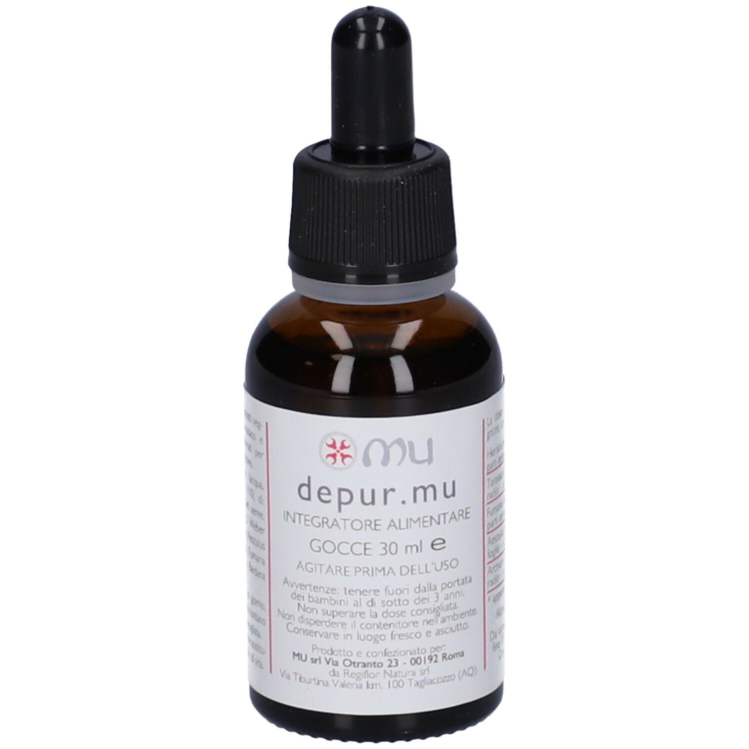 Flacone di vetro marrone con contagocce nero. Scritta: depur.mu, Gocce 30 ml. Etichetta con informazioni sul prodotto.
