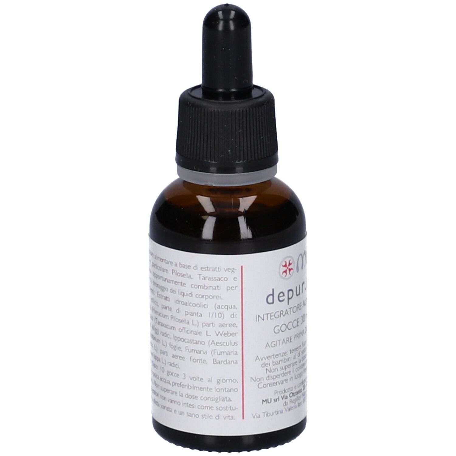 Flacone di vetro marrone con contagocce nero. Scritta: depur.mu, Gocce 30 ml. Etichetta con informazioni sul prodotto.