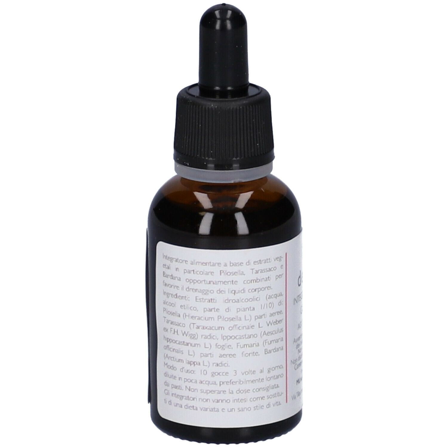 Flacone di vetro marrone con contagocce nero. Scritta: depur.mu, Gocce 30 ml. Etichetta con informazioni sul prodotto.