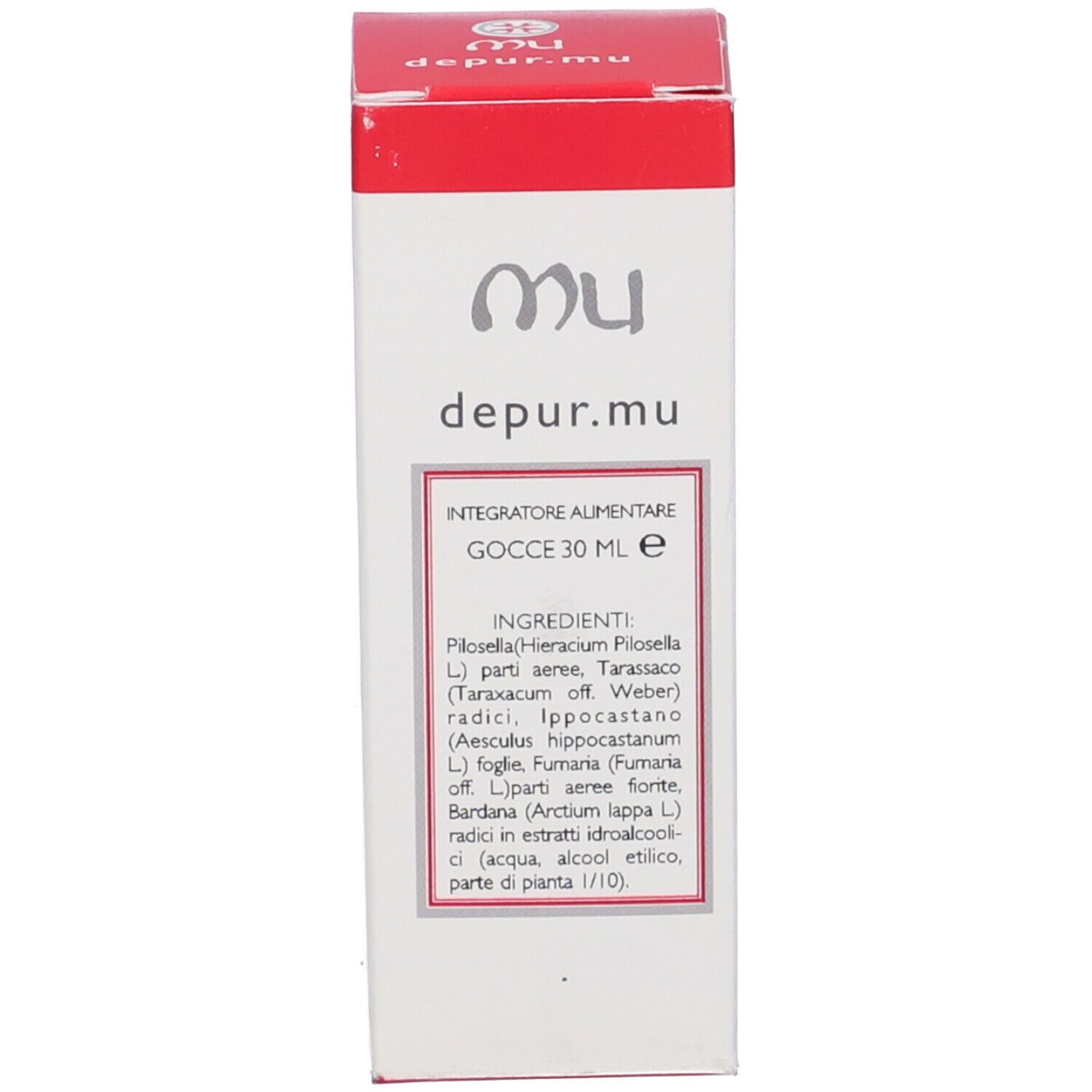 Scatola con informazioni sul prodotto. Scritta: depur.mu, Gocce 30 ml. Colori rosso e bianco.