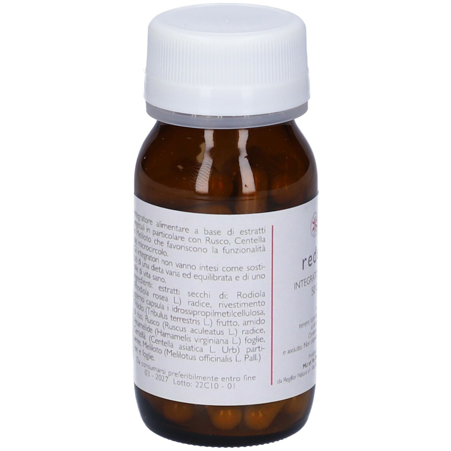 Flacone di vetro marrone con tappo bianco. Etichetta con nome del prodotto, ingredienti e informazioni del produttore. Capsule visibili.