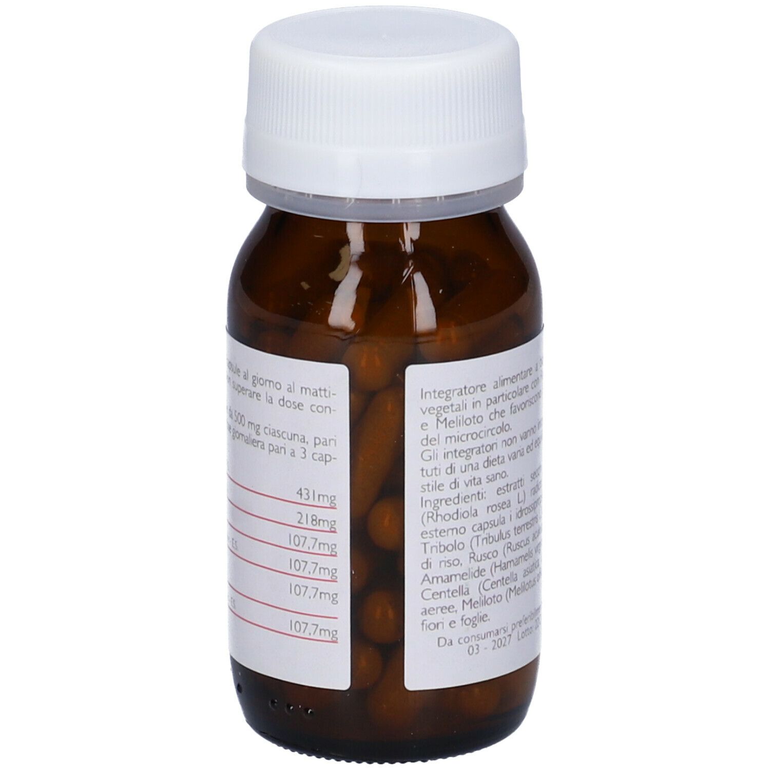 Flacone di vetro marrone con tappo bianco. Etichetta con informazioni sul prodotto e quantità degli ingredienti. Capsule visibili.