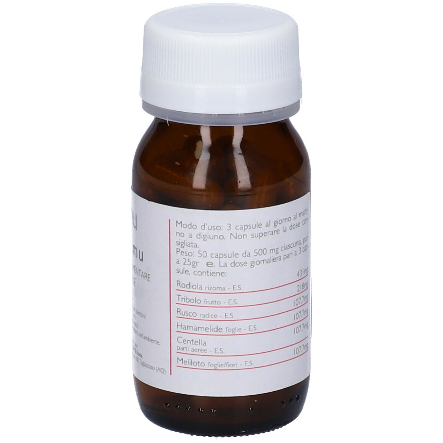 Flacone di vetro marrone con tappo bianco. Etichetta con istruzioni per il dosaggio e quantità degli ingredienti. Capsule visibili.