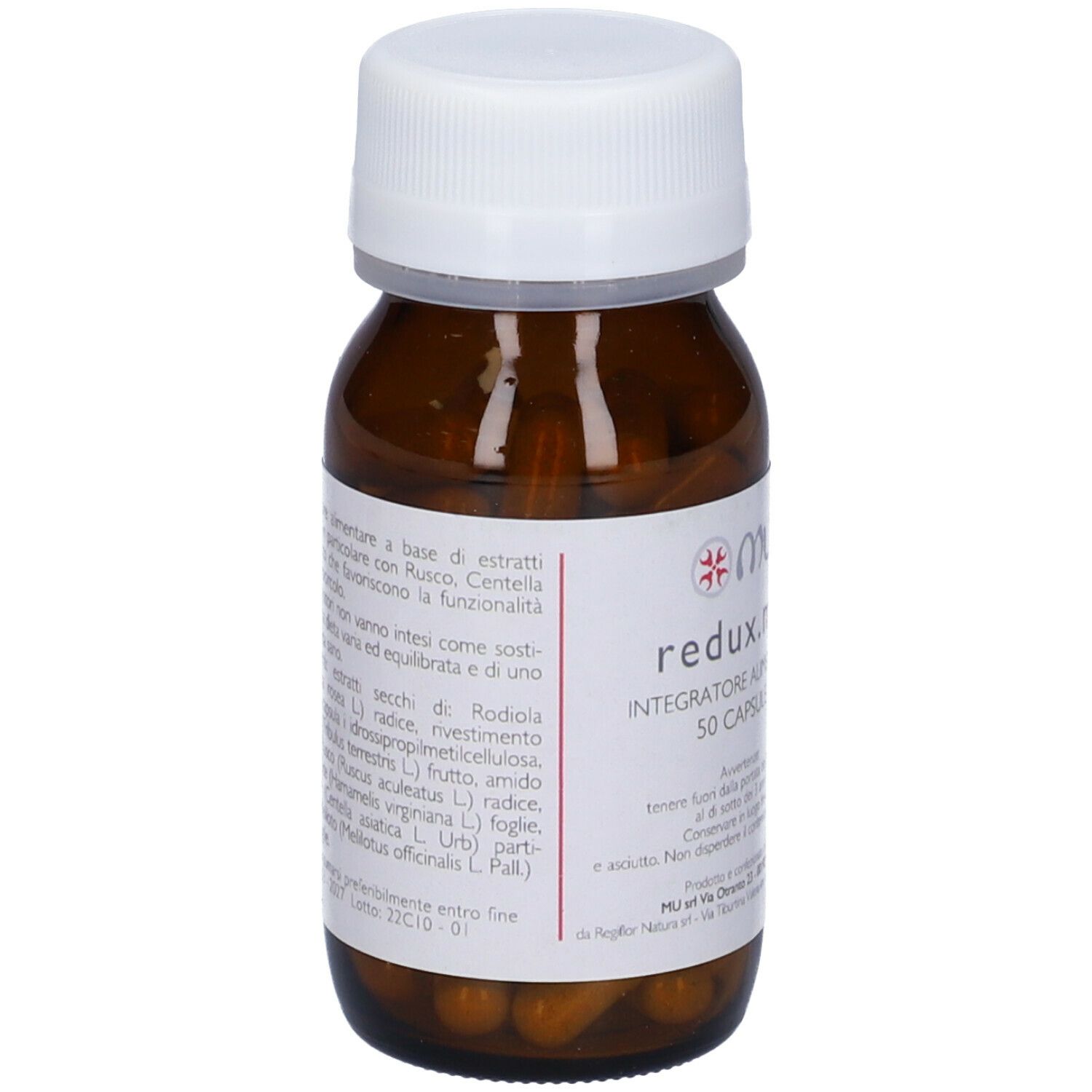 Flacone di vetro marrone con tappo bianco. Etichetta con nome del prodotto, logo e 50 capsule. Ingredienti e informazioni del produttore.