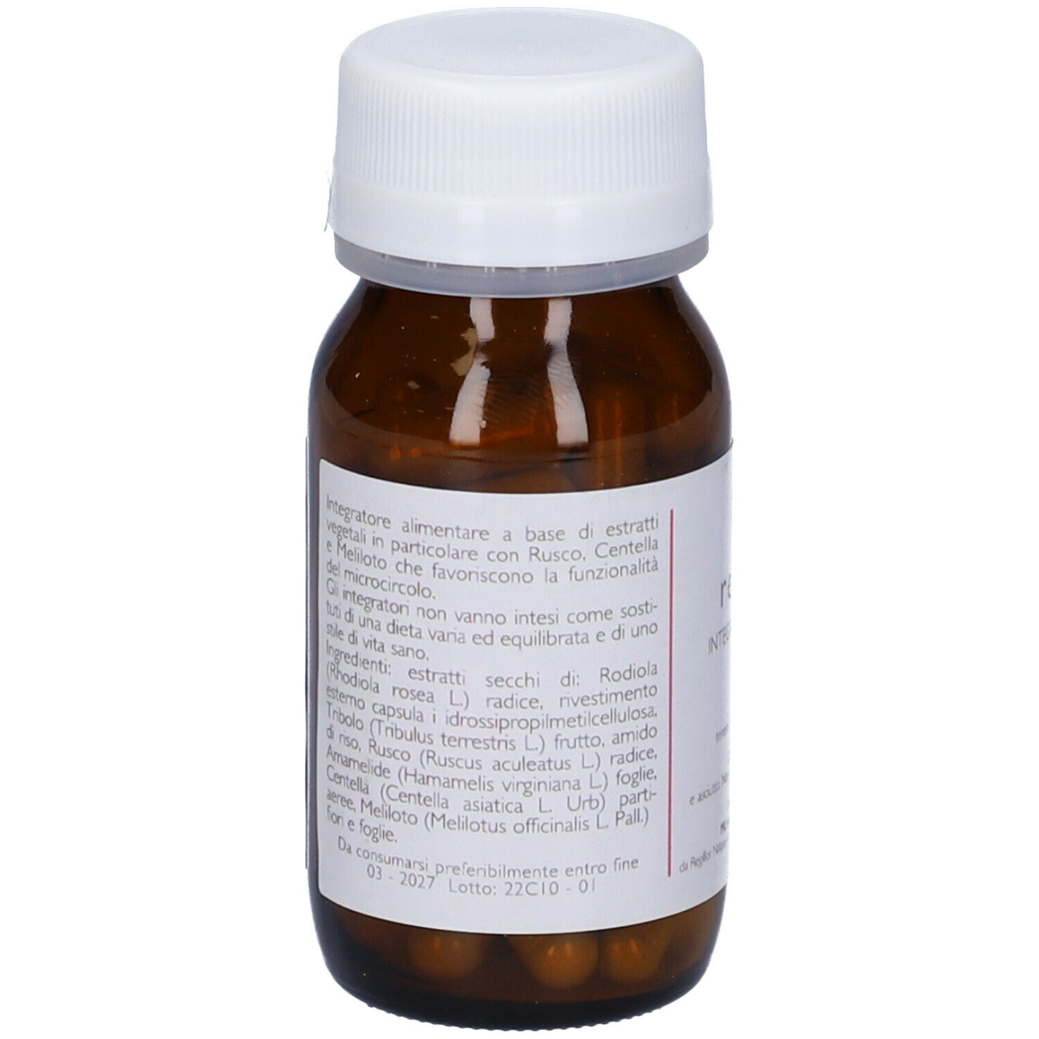 Flacone di vetro marrone con tappo bianco. Etichetta con nome del prodotto, logo e 50 capsule. Ingredienti e informazioni del produttore.