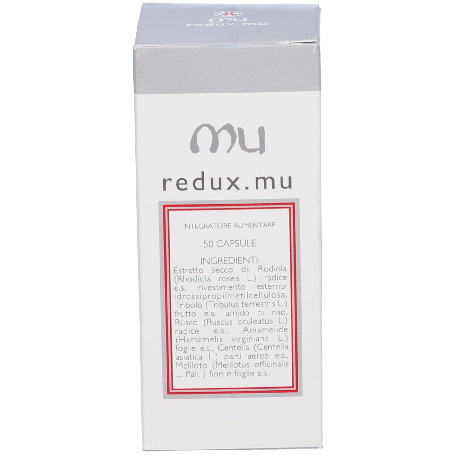 Scatola "mu redux mu" con logo e informazioni sul prodotto. 50 capsule. Ingredienti e certificazioni visibili.
