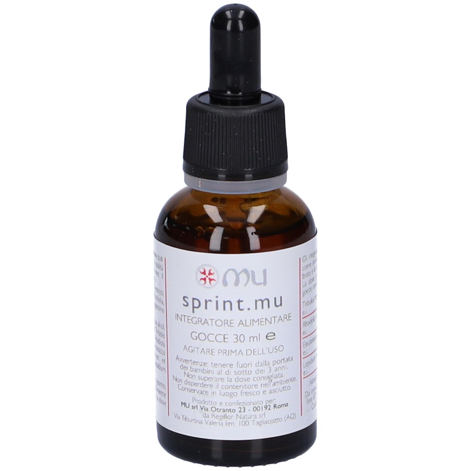 Flacone di vetro marrone con tappo nero e contagocce. Scritta: sprint.mu Gocce 30 ml.
