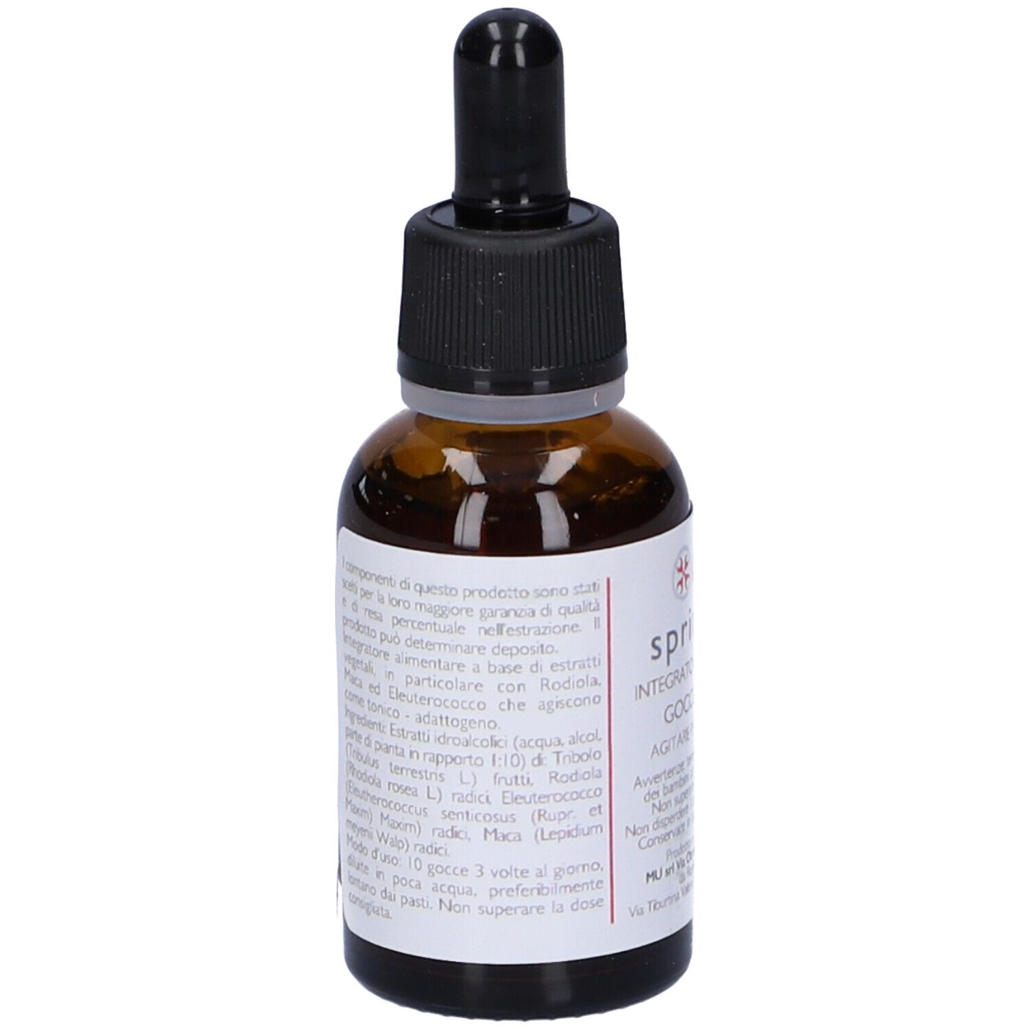 Flacone di vetro marrone con tappo nero e contagocce. Scritta: sprint.mu Gocce 30 ml. Retro con testo.