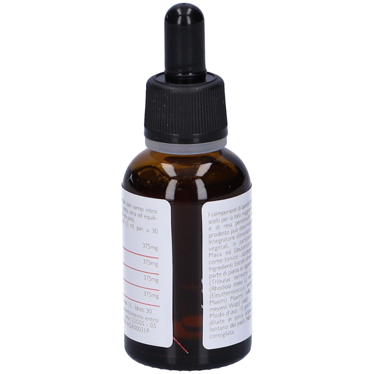 Flacone di vetro marrone con tappo nero e contagocce. Scritta: sprint.mu Gocce 30 ml. Retro con testo.