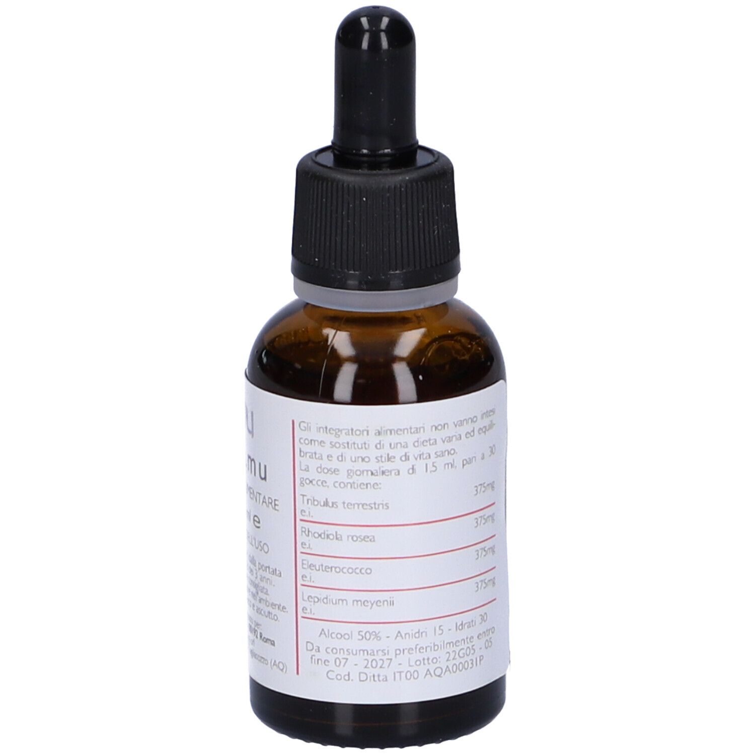 Flacone di vetro marrone con tappo nero e contagocce. Scritta: sprint.mu Gocce 30 ml. Retro con testo.