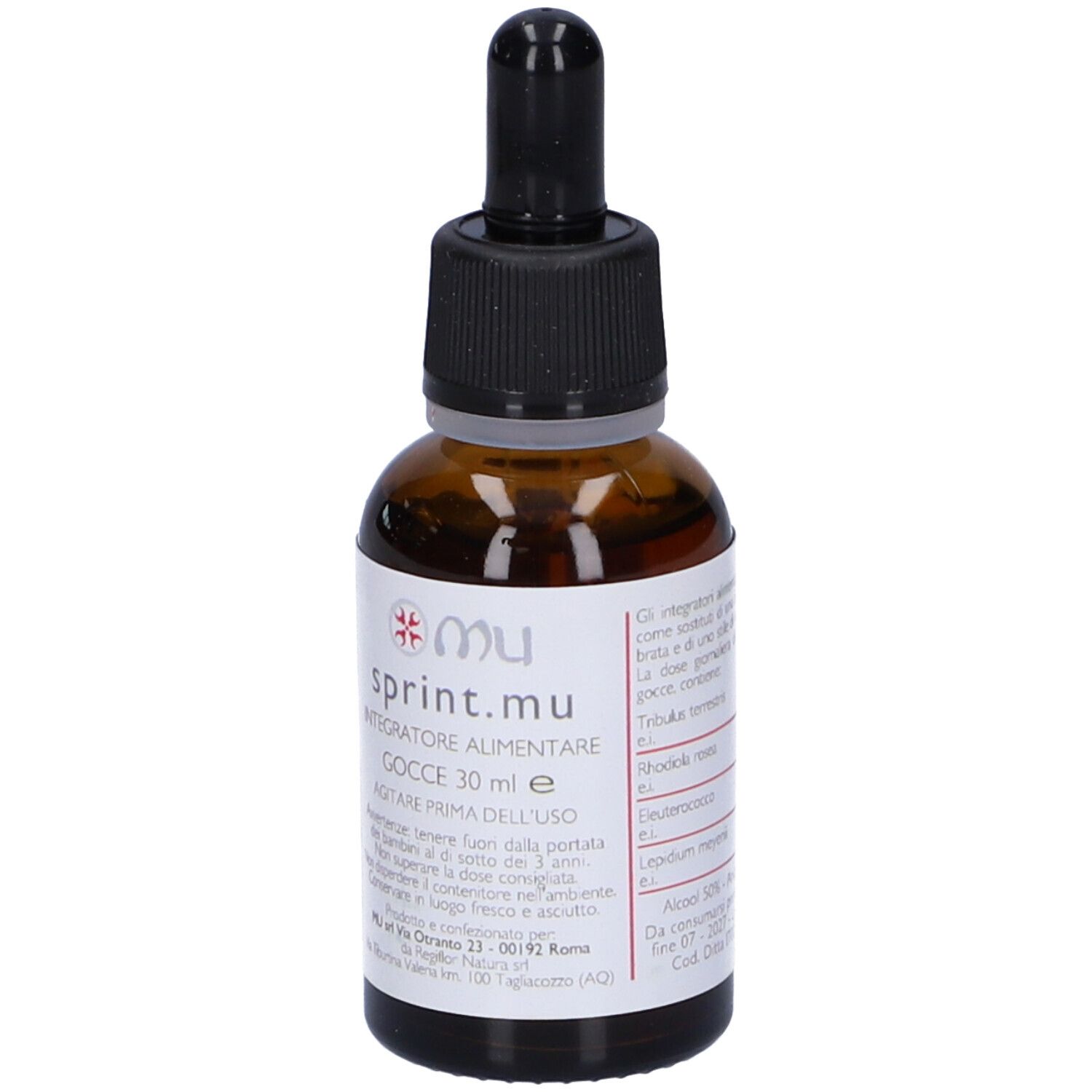 Flacone di vetro marrone con tappo nero e contagocce. Scritta: sprint.mu Gocce 30 ml. Retro con testo.