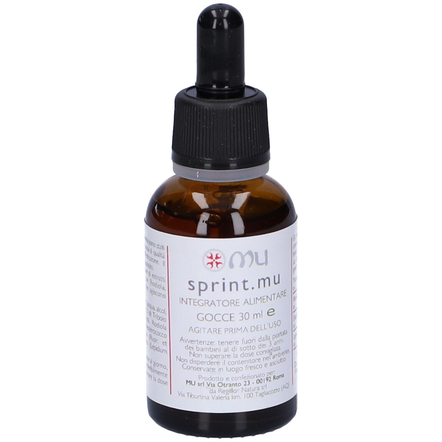 Flacone di vetro marrone con tappo nero e contagocce. Scritta: sprint.mu Gocce 30 ml. Retro con testo.