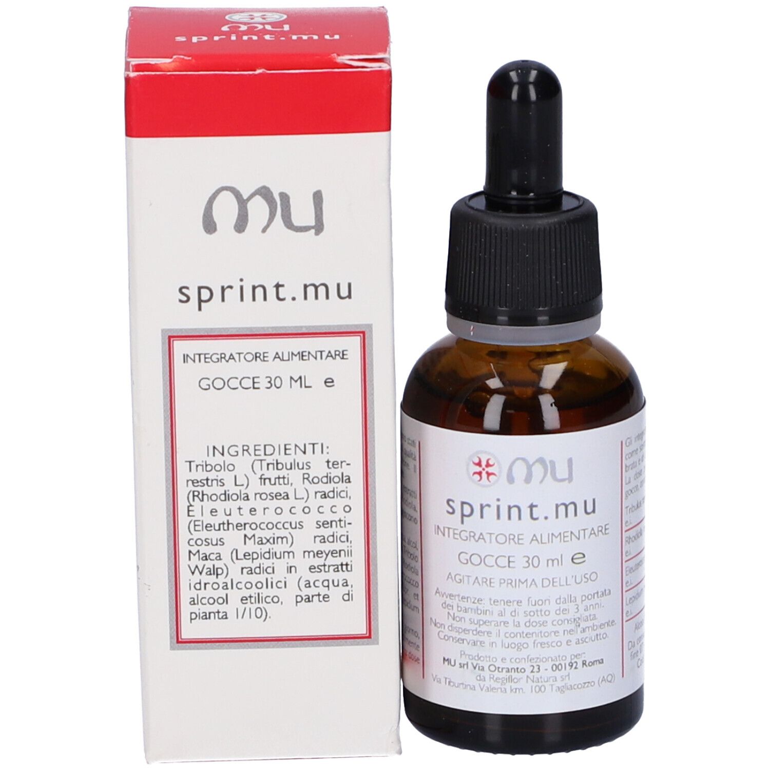 Flacone di vetro marrone con tappo nero e contagocce. Scritta: sprint.mu Gocce 30 ml.