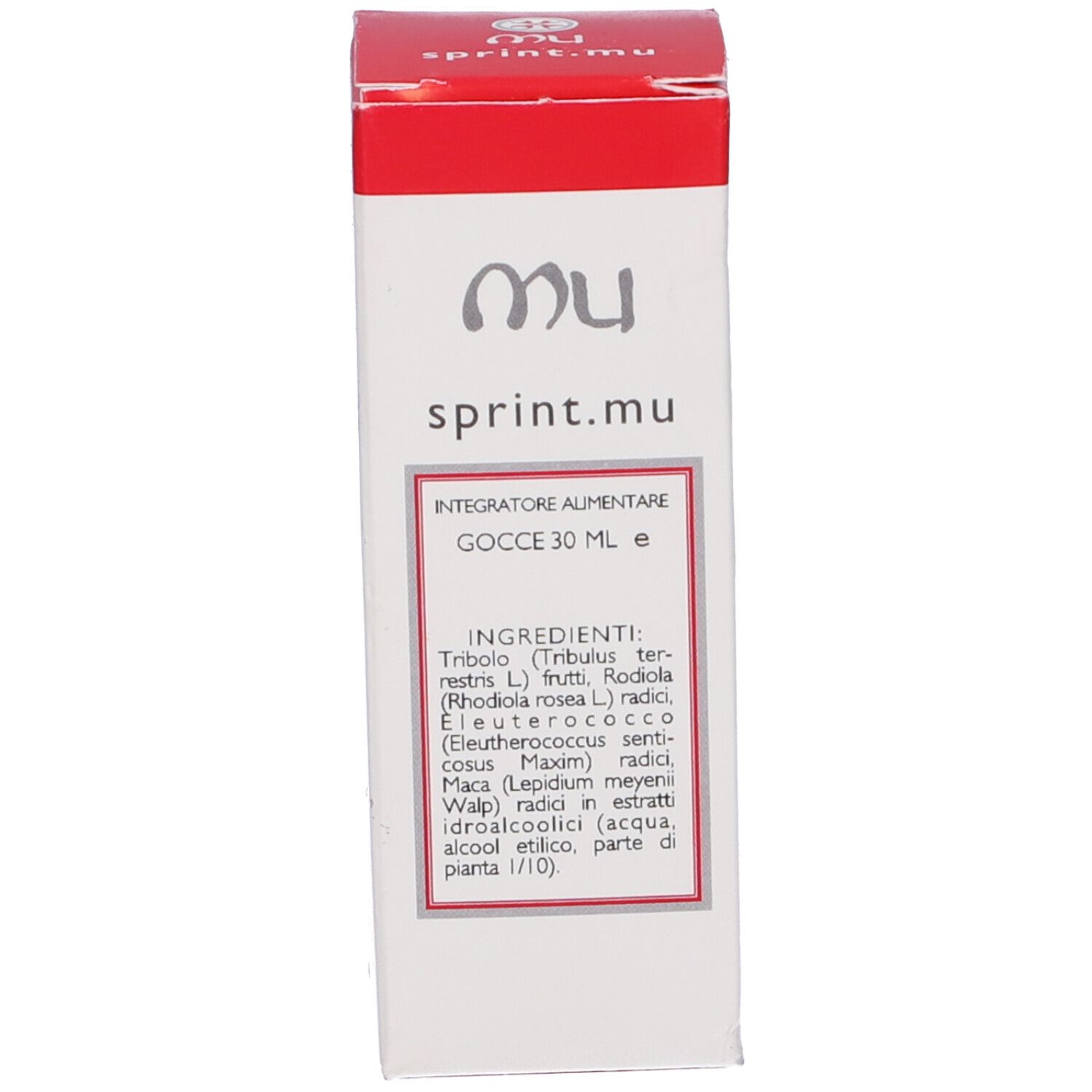 Flacone di vetro marrone con tappo nero e contagocce. Scritta: sprint.mu Gocce 30 ml. Con confezione rossa e bianca.