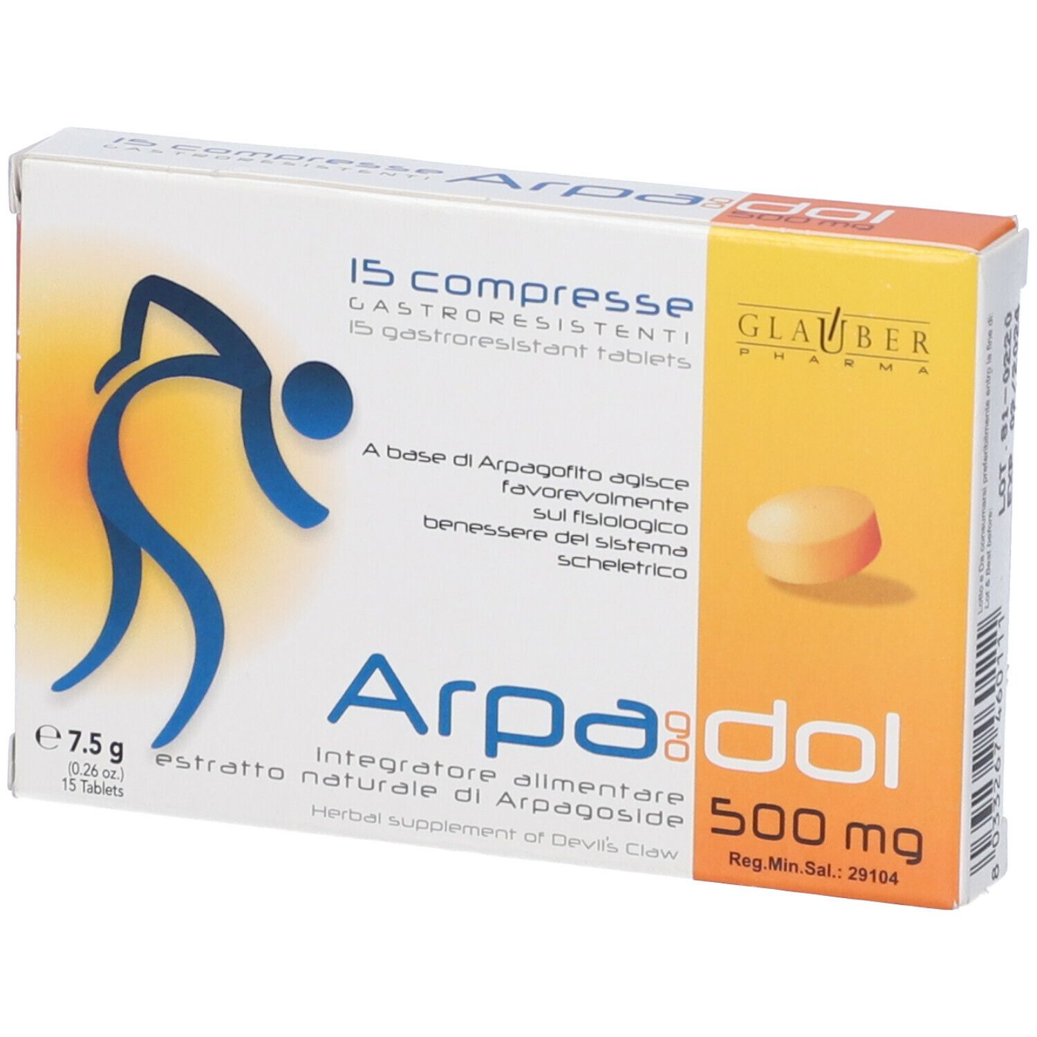 Scatola con 15 compresse. Scritta Arpadol, 500 mg. Marchio Glauber Pharma. Compressa arancione raffigurata.