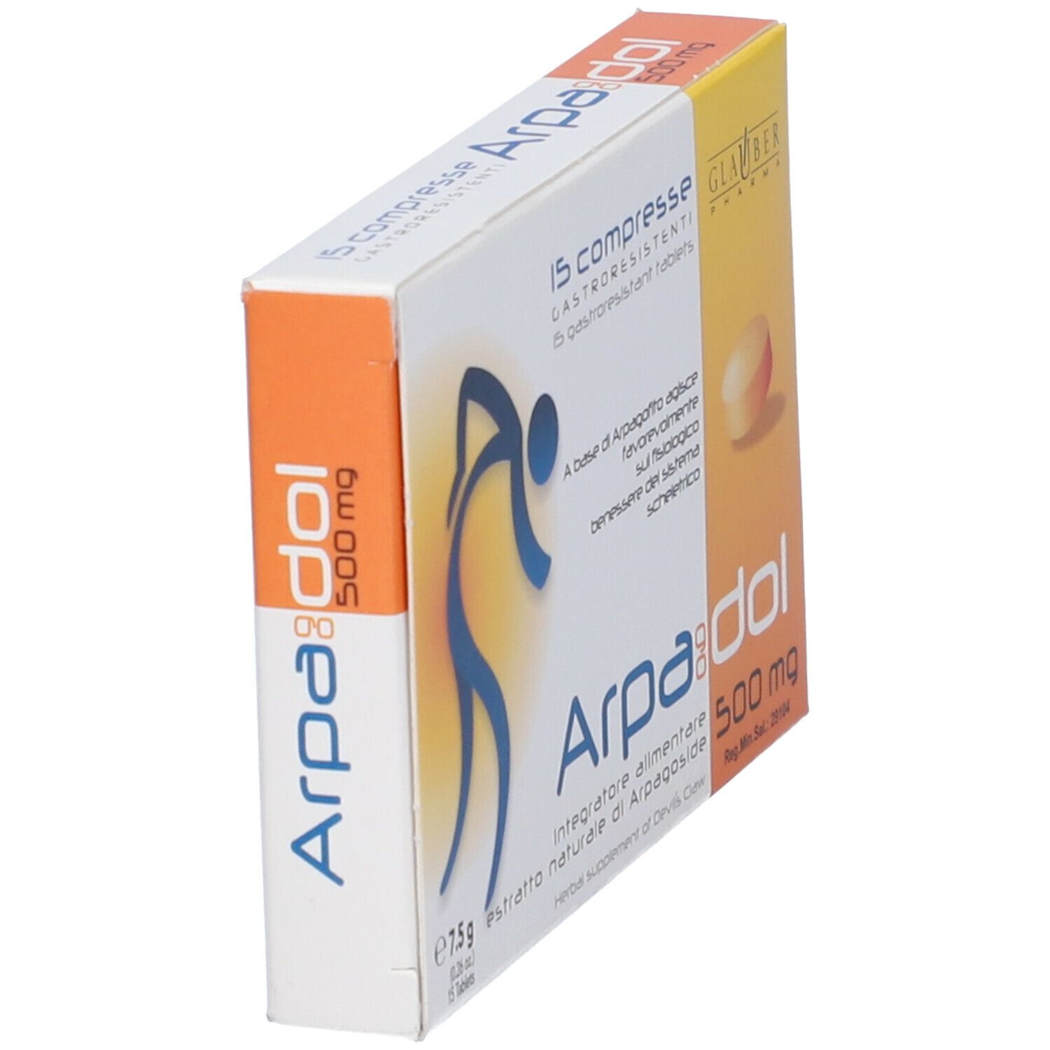 Scatola con 15 compresse. Scritta Arpadol, 500 mg. Marchio Glauber Pharma. Scatola in diagonale.