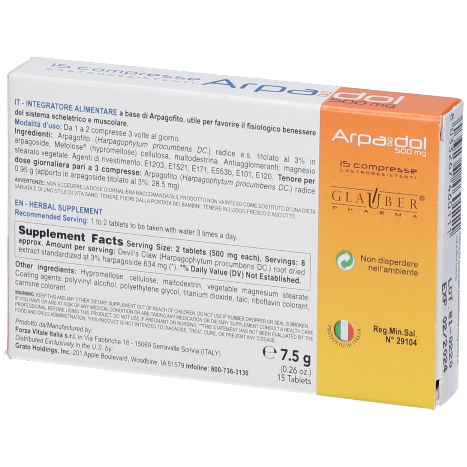 Scatola con 15 compresse. Scritta Arpadol, 500 mg. Marchio Glauber Pharma. Retro con informazioni.