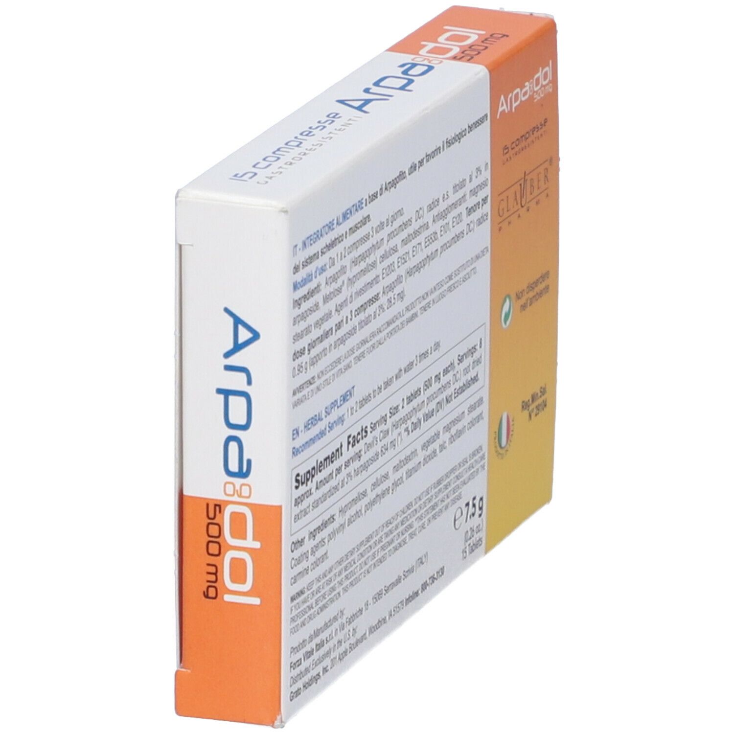 Scatola con 15 compresse. Scritta Arpadol, 500 mg. Marchio Glauber Pharma. Scatola in diagonale.