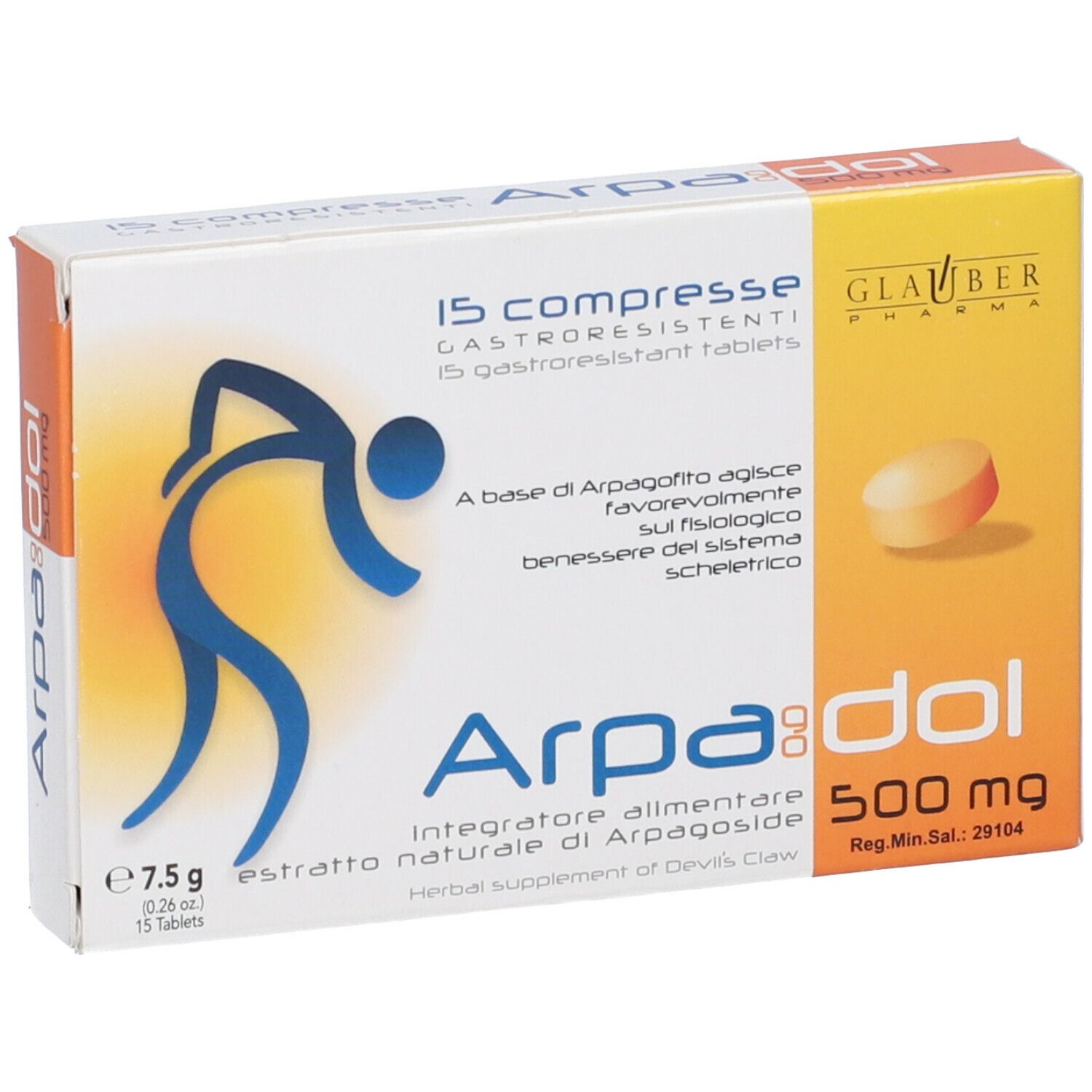 Scatola con 15 compresse. Scritta Arpadol, 500 mg. Marchio Glauber Pharma. Compressa raffigurata.