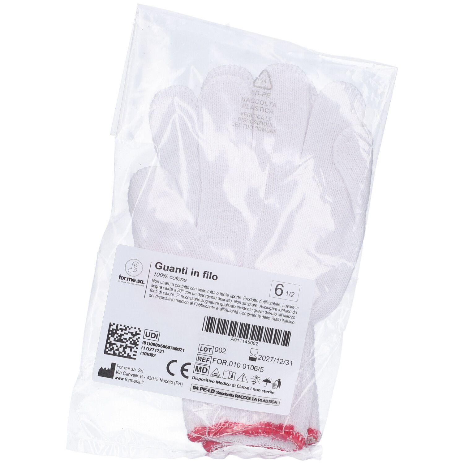 Guanto Ambidestro In Cotone Monofilo Bianco Per Allergie Dermatologiche Senza Cuciture Polsino Elastico Larghezza 65 Mm 6,5 1 Paio